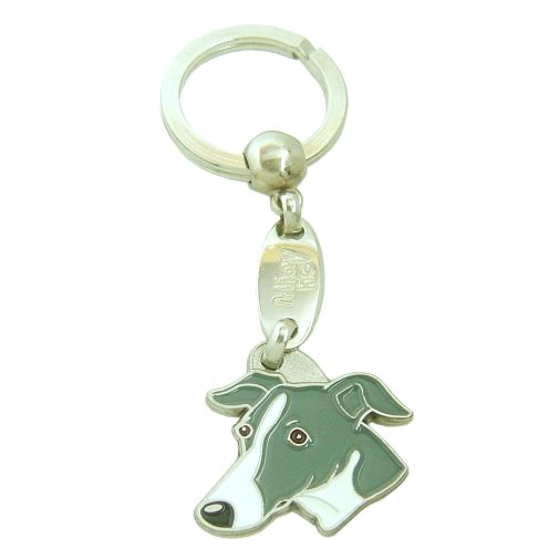 <h3>Custom personalized dog name tag Whippet grey white</h3>
This unique, cute and quality dog id tag is offered with laser-engraved name and phone number or your custom text. It comes with a stainless steel split ring for easy attachment to your pet’s collar. All items are also available as keychains.
A perfect gift for dogs and dog lovers.

<strong>Color:</strong> colored/silver
<strong>Size:</strong> 33 x 28 mm (1.30 x 1.10 inch)
<strong>Engraving area:</strong> 20 x 7 mm (0.79 x 0.28 inch); recommended layout up to 2 lines, 15 characters per line.

Laser engraving on the back side is included in the price. Please enter the text you would like engraved (recommended: dog’s name and phone number). The engraving will be centered and easy to read. 
<strong>Important:</strong> If you exceed the recommended text length, the engraving will be significantly smaller and may become difficult to read. For best readability, we strongly recommend keeping the text short and clear.

Metal, chrome plated dog tag or key ring. 
Hand made, hand colored, made in Slovenia. 

In stock.

<h3>About the breed – Whippet grey white</h3>
<section>
<h2>Whippet: Characteristics & Care</h2>
<p>The <strong>Whippet</strong> is an elegant, medium-sized dog breed originating from England, known for its speed and graceful build. It belongs to the <strong>FCI Group 10 (Sighthounds)</strong>. Bred as a <strong>hunting and companion dog</strong>, it is recognized for its short, smooth coat, deep chest, and gentle temperament.</p>
<h3>Temperament and Family Life</h3>
<p>Whippets are affectionate family dogs, very good with children and strongly attached to their owners. They are <strong>alert, intelligent, and calm</strong>, which makes them reliable companions and attentive watchdogs, while still remaining friendly and adaptable. Their playful yet relaxed nature makes them suitable for both active households and quieter living environments.</p>
<h3>Physical Requirements & Exercise</h3>
<p>To live a healthy and happy life, a Whippet needs:</p>
<ul>
    <li><strong>Daily Exercise:</strong> Regular walks combined with short bursts of running.</li>
    <li><strong>Environment:</strong> A warm home with soft resting areas and close contact with family.</li>
    <li><strong>Grooming:</strong> Minimal care of the short, smooth <strong>single coat</strong>.</li>
</ul>
<p><strong>Pro Tip:</strong> A <strong>personalized engraved dog tag</strong> highlights the elegant and refined look of your Whippet while serving as a stylish and practical accessory.</p>
</section>
