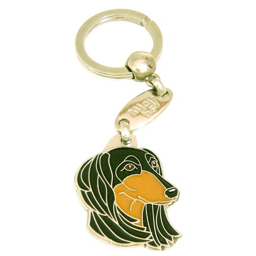 <h3>Custom personalized dog name tag Saluki black and tan</h3>
This unique, cute and quality dog id tag is offered with laser-engraved name and phone number or your custom text. It comes with a stainless steel split ring for easy attachment to your pet’s collar. All items are also available as keychains.
A perfect gift for dogs and dog lovers.

<strong>Color:</strong> colored/silver
<strong>Size:</strong> 37 x 29 mm (1.46 x 1.14 inch)
<strong>Engraving area:</strong> 20 x 20 mm (0.79 x 0.79 inch); recommended layout up to 4 lines, 15 characters per line.

Laser engraving on the back side is included in the price. Please enter the text you would like engraved (recommended: dog’s name and phone number). The engraving will be centered and easy to read. 
<strong>Important:</strong> If you exceed the recommended text length, the engraving will be significantly smaller and may become difficult to read. For best readability, we strongly recommend keeping the text short and clear.

Metal, chrome plated dog tag or key ring. 
Hand made, hand colored, made in Slovenia. 

In stock.

<h3>About the breed – Saluki black and tan</h3>
<section>
<h2>Saluki Dog Breed Profile: Characteristics & Care</h2>
<p>The <strong>Saluki</strong> (also known as the Persian Greyhound or Royal Dog of Egypt) is an elegant, loyal, and truly impressive ancient breed. It belongs to the <strong>FCI Group 10 (Sighthounds)</strong>. Originally bred for <strong>hunting by sight</strong>, the Saluki is renowned for its exceptional speed, endurance, and graceful, effortless movement across open landscapes.</p>
<h3>Temperament and Family Life</h3>
<p>Salukis are gentle and affectionate family dogs that can be good with children when properly socialized, making them suitable for calm and active households alike. While not typical guard dogs, they are <strong>alert and observant</strong>, acting as quiet watchdogs with a noble and impressive presence. Their independent yet sensitive personality makes them <strong>persistent, loyal, and deeply devoted companions</strong>.</p>
<h3>Physical Requirements & Exercise</h3>
<p>To keep a Saluki healthy and happy, owners should provide:</p>
<ul>
    <li><strong>Daily Exercise:</strong> Plenty of space for running and high-speed activity.</li>
    <li><strong>Environment:</strong> Secure, მშვიდ surroundings due to their strong prey drive.</li>
    <li><strong>Grooming:</strong> Minimal maintenance for their smooth or feathered coat varieties.</li>
</ul>
<p><strong>Pro Tip:</strong> A <strong>personalized engraved dog tag</strong> beautifully complements the Saluki’s elegant appearance, serving as both a stylish piece of dog jewelry and a practical safety accessory.</p>
</section>
