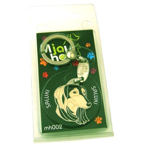 <h3>Custom personalized dog name tag Saluki black and cream</h3>
This unique, cute and quality dog id tag is offered with laser-engraved name and phone number or your custom text. It comes with a stainless steel split ring for easy attachment to your pet’s collar. All items are also available as keychains.
A perfect gift for dogs and dog lovers.

<strong>Color:</strong> colored/silver
<strong>Size:</strong> 37 x 29 mm (1.46 x 1.14 inch)
<strong>Engraving area:</strong> 20 x 20 mm (0.79 x 0.79 inch); recommended layout up to 4 lines, 15 characters per line.

Laser engraving on the back side is included in the price. Please enter the text you would like engraved (recommended: dog’s name and phone number). The engraving will be centered and easy to read. 
<strong>Important:</strong> If you exceed the recommended text length, the engraving will be significantly smaller and may become difficult to read. For best readability, we strongly recommend keeping the text short and clear.

Metal, chrome plated dog tag or key ring. 
Hand made, hand colored, made in Slovenia. 

In stock.

<h3>About the breed – Saluki black and cream</h3>
<section>
<h2>Saluki Dog Breed Profile: Characteristics & Care</h2>
<p>The <strong>Saluki</strong> (also known as the Persian Greyhound or Royal Dog of Egypt) is an elegant, loyal, and truly impressive ancient breed. It belongs to the <strong>FCI Group 10 (Sighthounds)</strong>. Originally bred for <strong>hunting by sight</strong>, the Saluki is renowned for its exceptional speed, endurance, and graceful, effortless movement across open landscapes.</p>
<h3>Temperament and Family Life</h3>
<p>Salukis are gentle and affectionate family dogs that can be good with children when properly socialized, making them suitable for calm and active households alike. While not typical guard dogs, they are <strong>alert and observant</strong>, acting as quiet watchdogs with a noble and impressive presence. Their independent yet sensitive personality makes them <strong>persistent, loyal, and deeply devoted companions</strong>.</p>
<h3>Physical Requirements & Exercise</h3>
<p>To keep a Saluki healthy and happy, owners should provide:</p>
<ul>
    <li><strong>Daily Exercise:</strong> Plenty of space for running and high-speed activity.</li>
    <li><strong>Environment:</strong> Secure, მშვიდ surroundings due to their strong prey drive.</li>
    <li><strong>Grooming:</strong> Minimal maintenance for their smooth or feathered coat varieties.</li>
</ul>
<p><strong>Pro Tip:</strong> A <strong>personalized engraved dog tag</strong> beautifully complements the Saluki’s elegant appearance, serving as both a stylish piece of dog jewelry and a practical safety accessory.</p>
</section>
