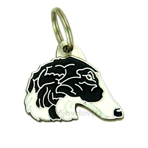 <h3>Custom personalized dog name tag Borzoi black and white</h3>
This unique, cute and quality dog id tag is offered with laser-engraved name and phone number or your custom text. It comes with a stainless steel split ring for easy attachment to your pet’s collar. All items are also available as keychains.
A perfect gift for dogs and dog lovers.

<strong>Color:</strong> colored/silver
<strong>Size:</strong> 35 x 30 mm (1.38 x 1.18 inch)
<strong>Engraving area:</strong> 21 x 12 mm (0.83 x 0.47 inch); recommended layout up to 3 lines, 15 characters per line.

Laser engraving on the back side is included in the price. Please enter the text you would like engraved (recommended: dog’s name and phone number). The engraving will be centered and easy to read. 
<strong>Important:</strong> If you exceed the recommended text length, the engraving will be significantly smaller and may become difficult to read. For best readability, we strongly recommend keeping the text short and clear.

Metal, chrome plated dog tag or key ring. 
Hand made, hand colored, made in Slovenia. 

In stock.

<h3>About the breed – Borzoi black and white</h3>
<section>
<h2>Borzoi Dog Breed Profile: Characteristics & Care</h2>
<p>The <strong>Borzoi</strong> (also known as Russian Wolfhound) is an elegant, graceful, and impressive sighthound breed. It belongs to the <strong>FCI Group 10 (Sighthounds)</strong>. Originally bred for hunting wolves across vast Russian plains, it is known for its exceptional speed, keen eyesight, and refined, aristocratic appearance.</p>
<h3>Temperament and Family Life</h3>
<p>Borzois are gentle and affectionate family dogs that can be very good with children when properly socialized. While they are not typical guard dogs, they are <strong>alert, observant, and independent</strong>, often acting as quiet watchdogs. Their calm indoor behavior contrasts with their strong prey drive, persistence, and impressive agility outdoors.</p>
<h3>Physical Requirements & Exercise</h3>
<p>To keep a Borzoi healthy and happy, owners must meet specific needs:</p>
<ul>
    <li><strong>Daily Exercise:</strong> Fast runs in safely enclosed areas to satisfy their natural speed.</li>
    <li><strong>Space:</strong> Plenty of room to stretch, move, and explore freely.</li>
    <li><strong>Grooming:</strong> Regular brushing of their long, silky coat to maintain its elegant condition.</li>
</ul>
<p><strong>Pro Tip:</strong> A <strong>personalized engraved dog tag</strong> beautifully complements the Borzoi’s noble appearance while serving as a stylish and practical piece of dog jewelry.</p>
</section>
