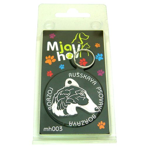 <h3>Custom personalized dog name tag Borzoi black and white</h3>
This unique, cute and quality dog id tag is offered with laser-engraved name and phone number or your custom text. It comes with a stainless steel split ring for easy attachment to your pet’s collar. All items are also available as keychains.
A perfect gift for dogs and dog lovers.

<strong>Color:</strong> colored/silver
<strong>Size:</strong> 35 x 30 mm (1.38 x 1.18 inch)
<strong>Engraving area:</strong> 21 x 12 mm (0.83 x 0.47 inch); recommended layout up to 3 lines, 15 characters per line.

Laser engraving on the back side is included in the price. Please enter the text you would like engraved (recommended: dog’s name and phone number). The engraving will be centered and easy to read. 
<strong>Important:</strong> If you exceed the recommended text length, the engraving will be significantly smaller and may become difficult to read. For best readability, we strongly recommend keeping the text short and clear.

Metal, chrome plated dog tag or key ring. 
Hand made, hand colored, made in Slovenia. 

In stock.

<h3>About the breed – Borzoi black and white</h3>
<section>
<h2>Borzoi Dog Breed Profile: Characteristics & Care</h2>
<p>The <strong>Borzoi</strong> (also known as Russian Wolfhound) is an elegant, graceful, and impressive sighthound breed. It belongs to the <strong>FCI Group 10 (Sighthounds)</strong>. Originally bred for hunting wolves across vast Russian plains, it is known for its exceptional speed, keen eyesight, and refined, aristocratic appearance.</p>
<h3>Temperament and Family Life</h3>
<p>Borzois are gentle and affectionate family dogs that can be very good with children when properly socialized. While they are not typical guard dogs, they are <strong>alert, observant, and independent</strong>, often acting as quiet watchdogs. Their calm indoor behavior contrasts with their strong prey drive, persistence, and impressive agility outdoors.</p>
<h3>Physical Requirements & Exercise</h3>
<p>To keep a Borzoi healthy and happy, owners must meet specific needs:</p>
<ul>
    <li><strong>Daily Exercise:</strong> Fast runs in safely enclosed areas to satisfy their natural speed.</li>
    <li><strong>Space:</strong> Plenty of room to stretch, move, and explore freely.</li>
    <li><strong>Grooming:</strong> Regular brushing of their long, silky coat to maintain its elegant condition.</li>
</ul>
<p><strong>Pro Tip:</strong> A <strong>personalized engraved dog tag</strong> beautifully complements the Borzoi’s noble appearance while serving as a stylish and practical piece of dog jewelry.</p>
</section>
