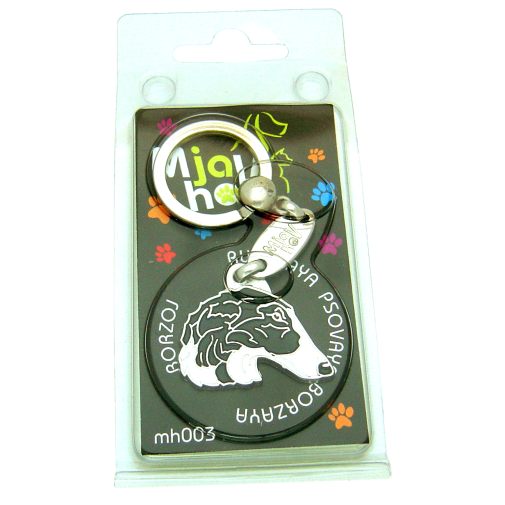 <h3>Custom personalized dog name tag Borzoi black and white</h3>
This unique, cute and quality dog id tag is offered with laser-engraved name and phone number or your custom text. It comes with a stainless steel split ring for easy attachment to your pet’s collar. All items are also available as keychains.
A perfect gift for dogs and dog lovers.

<strong>Color:</strong> colored/silver
<strong>Size:</strong> 35 x 30 mm (1.38 x 1.18 inch)
<strong>Engraving area:</strong> 21 x 12 mm (0.83 x 0.47 inch); recommended layout up to 3 lines, 15 characters per line.

Laser engraving on the back side is included in the price. Please enter the text you would like engraved (recommended: dog’s name and phone number). The engraving will be centered and easy to read. 
<strong>Important:</strong> If you exceed the recommended text length, the engraving will be significantly smaller and may become difficult to read. For best readability, we strongly recommend keeping the text short and clear.

Metal, chrome plated dog tag or key ring. 
Hand made, hand colored, made in Slovenia. 

In stock.

<h3>About the breed – Borzoi black and white</h3>
<section>
<h2>Borzoi Dog Breed Profile: Characteristics & Care</h2>
<p>The <strong>Borzoi</strong> (also known as Russian Wolfhound) is an elegant, graceful, and impressive sighthound breed. It belongs to the <strong>FCI Group 10 (Sighthounds)</strong>. Originally bred for hunting wolves across vast Russian plains, it is known for its exceptional speed, keen eyesight, and refined, aristocratic appearance.</p>
<h3>Temperament and Family Life</h3>
<p>Borzois are gentle and affectionate family dogs that can be very good with children when properly socialized. While they are not typical guard dogs, they are <strong>alert, observant, and independent</strong>, often acting as quiet watchdogs. Their calm indoor behavior contrasts with their strong prey drive, persistence, and impressive agility outdoors.</p>
<h3>Physical Requirements & Exercise</h3>
<p>To keep a Borzoi healthy and happy, owners must meet specific needs:</p>
<ul>
    <li><strong>Daily Exercise:</strong> Fast runs in safely enclosed areas to satisfy their natural speed.</li>
    <li><strong>Space:</strong> Plenty of room to stretch, move, and explore freely.</li>
    <li><strong>Grooming:</strong> Regular brushing of their long, silky coat to maintain its elegant condition.</li>
</ul>
<p><strong>Pro Tip:</strong> A <strong>personalized engraved dog tag</strong> beautifully complements the Borzoi’s noble appearance while serving as a stylish and practical piece of dog jewelry.</p>
</section>
