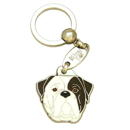Custom personalized dog name tag American bulldog brindle eyed

This unique, cute and quality dog id tag is offered with laser engraved name and phone no. or your custom text. Stainless steel split ring for easy attachment to your pets collar. All items are also available as keychains.
Gift for dogs and dog lovers.

Color: colored/silver
Size: 32 x 33 mm

Engraving area: 21 x 18 mm
Laser engraving personalization on the back side is included in the price. Enter the text you wish to have engraved. Suggestion: dog's name and phone number. We engrave on the back side of the tag. Engraving will be centered and easy to read. If you go over the recommended count then the text becomes smaller, and harder to read.

Metal, chrome plated dog tag or key ring. 
Hand made, hand colored, made in Slovenia. 

In stock.

