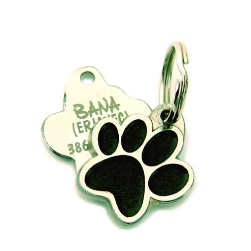 Custom personalized dog name tag Paw mjavhov black

This unique, cute and quality dog id tag is offered with laser engraved name and phone no. or your custom text. Stainless steel split ring for easy attachment to your pets collar. All items are also available as keychains.
Gift for dogs and dog lovers.

Color: colored/silver
Size: 22 x 25 mm

Engraving area: 15 x 7 mm
Laser engraving personalization on the back side is included in the price. Enter the text you wish to have engraved. Suggestion: dog's name and phone number. We engrave on the back side of the tag. Engraving will be centered and easy to read. If you go over the recommended count then the text becomes smaller, and harder to read.

Metal, chrome plated dog tag or key ring. 
Hand made, hand colored, made in Slovenia. 

In stock.
