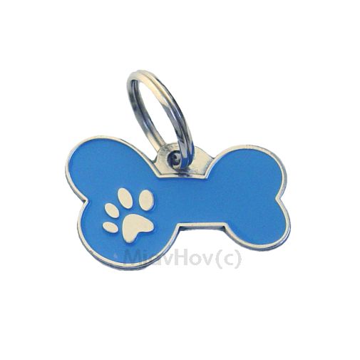 Custom personalized dog name tag Bone mjavhov blue

This unique, cute and quality dog id tag is offered with laser engraved name and phone no. or your custom text. Stainless steel split ring for easy attachment to your pets collar. All items are also available as keychains.
Gift for dogs and dog lovers.

Color: colored/silver
Size: 34 x 21 mm

Engraving area: 27 x 7 mm
Laser engraving personalization on the back side is included in the price. Enter the text you wish to have engraved. Suggestion: dog's name and phone number. We engrave on the back side of the tag. Engraving will be centered and easy to read. If you go over the recommended count then the text becomes smaller, and harder to read.

Metal, chrome plated dog tag or key ring. 
Hand made, hand colored, made in Slovenia. 

In stock.
