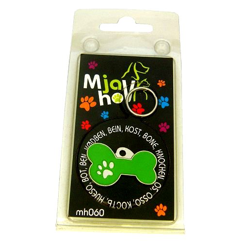 Custom personalized dog name tag Bone mjavhov green

This unique, cute and quality dog id tag is offered with laser engraved name and phone no. or your custom text. Stainless steel split ring for easy attachment to your pets collar. All items are also available as keychains.
Gift for dogs and dog lovers.

Color: colored/silver
Size: 34 x 21 mm

Engraving area: 27 x 7 mm
Laser engraving personalization on the back side is included in the price. Enter the text you wish to have engraved. Suggestion: dog's name and phone number. We engrave on the back side of the tag. Engraving will be centered and easy to read. If you go over the recommended count then the text becomes smaller, and harder to read.

Metal, chrome plated dog tag or key ring. 
Hand made, hand colored, made in Slovenia. 

In stock.
