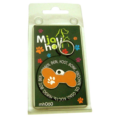 Custom personalized dog name tag Bone mjavhov orange

This unique, cute and quality dog id tag is offered with laser engraved name and phone no. or your custom text. Stainless steel split ring for easy attachment to your pets collar. All items are also available as keychains.
Gift for dogs and dog lovers.

Color: colored/silver
Size: 34 x 21 mm

Engraving area: 27 x 7 mm
Laser engraving personalization on the back side is included in the price. Enter the text you wish to have engraved. Suggestion: dog's name and phone number. We engrave on the back side of the tag. Engraving will be centered and easy to read. If you go over the recommended count then the text becomes smaller, and harder to read.

Metal, chrome plated dog tag or key ring. 
Hand made, hand colored, made in Slovenia. 

In stock.
