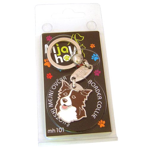 <h3>Custom personalized dog name tag Border collie brown</h3>
This unique, cute and quality dog id tag is offered with laser-engraved name and phone number or your custom text. It comes with a stainless steel split ring for easy attachment to your pet’s collar. All items are also available as keychains.
A perfect gift for dogs and dog lovers.

<strong>Color:</strong> colored/silver
<strong>Size:</strong> 25 x 32 mm (0.98 x 1.26 inch)
<strong>Engraving area:</strong> 18 x 18 mm (0.71 x 0.71 inch); recommended layout up to 4 lines, 15 characters per line.

Laser engraving on the back side is included in the price. Please enter the text you would like engraved (recommended: dog’s name and phone number). The engraving will be centered and easy to read. 
<strong>Important:</strong> If you exceed the recommended text length, the engraving will be significantly smaller and may become difficult to read. For best readability, we strongly recommend keeping the text short and clear.

Metal, chrome plated dog tag or key ring. 
Hand made, hand colored, made in Slovenia. 

In stock.

<h3>About the breed – Border collie brown</h3>
<section>
<h2>Border Collie: Breed Characteristics & Care</h2>
<p>The <strong>Border Collie</strong> is a medium-sized, extremely intelligent herding dog breed originating from the British Isles and classified in <strong>FCI Group 1 (Sheepdogs and Cattle Dogs)</strong>. Bred as a highly capable <strong>working and family dog</strong>, it is renowned for its exceptional trainability, lightning-fast responsiveness, and strong work ethic. It forms a deep bond with its owner, thrives on human interaction, and performs best in active households where it can stay mentally and physically engaged.</p>
<h3>Temperament and Family Life</h3>
<p>Border Collies are <strong>alert, focused, and highly perceptive</strong>, making them excellent watchdogs that quickly notice changes in their environment. They are generally affectionate and gentle with children, but require consistent training, early socialization, and clear structure to channel their natural herding instincts appropriately. Their energetic and sensitive nature makes them loyal companions who enjoy being involved in daily family activities.</p>
<h3>Physical Requirements & Exercise</h3>
<p>To live a healthy and balanced life, a Border Collie needs:</p>
<ul>
    <li><strong>Daily Exercise:</strong> Intense physical activity combined with mental stimulation such as training, agility, or problem-solving games.</li>
    <li><strong>Environment:</strong> An active home with plenty of space and opportunities for work or play.</li>
    <li><strong>Grooming:</strong> Regular brushing of the medium-length <strong>double coat</strong> to maintain coat health.</li>
</ul>
<p><strong>Pro Tip:</strong> A <strong>personalized engraved dog tag</strong> complements the Border Collie’s active and elegant appearance while adding a practical and stylish touch.</p>
</section>
