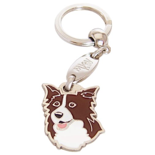 <h3>Custom personalized dog name tag Border collie brown</h3>
This unique, cute and quality dog id tag is offered with laser-engraved name and phone number or your custom text. It comes with a stainless steel split ring for easy attachment to your pet’s collar. All items are also available as keychains.
A perfect gift for dogs and dog lovers.

<strong>Color:</strong> colored/silver
<strong>Size:</strong> 25 x 32 mm (0.98 x 1.26 inch)
<strong>Engraving area:</strong> 18 x 18 mm (0.71 x 0.71 inch); recommended layout up to 4 lines, 15 characters per line.

Laser engraving on the back side is included in the price. Please enter the text you would like engraved (recommended: dog’s name and phone number). The engraving will be centered and easy to read. 
<strong>Important:</strong> If you exceed the recommended text length, the engraving will be significantly smaller and may become difficult to read. For best readability, we strongly recommend keeping the text short and clear.

Metal, chrome plated dog tag or key ring. 
Hand made, hand colored, made in Slovenia. 

In stock.

<h3>About the breed – Border collie brown</h3>
<section>
<h2>Border Collie: Breed Characteristics & Care</h2>
<p>The <strong>Border Collie</strong> is a medium-sized, extremely intelligent herding dog breed originating from the British Isles and classified in <strong>FCI Group 1 (Sheepdogs and Cattle Dogs)</strong>. Bred as a highly capable <strong>working and family dog</strong>, it is renowned for its exceptional trainability, lightning-fast responsiveness, and strong work ethic. It forms a deep bond with its owner, thrives on human interaction, and performs best in active households where it can stay mentally and physically engaged.</p>
<h3>Temperament and Family Life</h3>
<p>Border Collies are <strong>alert, focused, and highly perceptive</strong>, making them excellent watchdogs that quickly notice changes in their environment. They are generally affectionate and gentle with children, but require consistent training, early socialization, and clear structure to channel their natural herding instincts appropriately. Their energetic and sensitive nature makes them loyal companions who enjoy being involved in daily family activities.</p>
<h3>Physical Requirements & Exercise</h3>
<p>To live a healthy and balanced life, a Border Collie needs:</p>
<ul>
    <li><strong>Daily Exercise:</strong> Intense physical activity combined with mental stimulation such as training, agility, or problem-solving games.</li>
    <li><strong>Environment:</strong> An active home with plenty of space and opportunities for work or play.</li>
    <li><strong>Grooming:</strong> Regular brushing of the medium-length <strong>double coat</strong> to maintain coat health.</li>
</ul>
<p><strong>Pro Tip:</strong> A <strong>personalized engraved dog tag</strong> complements the Border Collie’s active and elegant appearance while adding a practical and stylish touch.</p>
</section>
