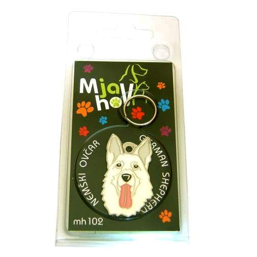 <h3>Custom personalized dog name tag White shepherd</h3>
This unique, cute and quality dog id tag is offered with laser-engraved name and phone number or your custom text. It comes with a stainless steel split ring for easy attachment to your pet’s collar. All items are also available as keychains.
A perfect gift for dogs and dog lovers.

<strong>Color:</strong> colored/silver
<strong>Size:</strong> 23 x 39 mm (0.91 x 1.54 inch)
<strong>Engraving area:</strong> 20 x 18 mm (0.79 x 0.71 inch); recommended layout up to 4 lines, 15 characters per line.

Laser engraving on the back side is included in the price. Please enter the text you would like engraved (recommended: dog’s name and phone number). The engraving will be centered and easy to read. 
<strong>Important:</strong> If you exceed the recommended text length, the engraving will be significantly smaller and may become difficult to read. For best readability, we strongly recommend keeping the text short and clear.

Metal, chrome plated dog tag or key ring. 
Hand made, hand colored, made in Slovenia. 

In stock.

<h3>About the breed – White shepherd</h3>
<section>
<h2>White Swiss Shepherd (Berger Blanc Suisse): Characteristics & Care</h2>
<p>The <strong>White Swiss Shepherd</strong> is a medium to large, elegant and intelligent dog breed that originates from white-coated German Shepherd lines and is now recognized as a separate breed. It belongs to the <strong>FCI Group 1 (Sheepdogs and Cattle Dogs)</strong>. It is known for its striking white, dense double coat, strong loyalty, and deep attachment to its family.</p>
<h3>Temperament and Family Life</h3>
<p>This breed is extremely loyal, gentle with family members, and highly protective, making it an excellent watchdog. With children it is usually patient and affectionate, but it requires early socialization and consistent training. It is intelligent, hardworking, and highly trainable, which makes it suitable for active owners and dog sports.</p>
<h3>Physical Requirements & Exercise</h3>
<p>To maintain a healthy and balanced life, the White Swiss Shepherd needs:</p>
<ul>
<li><strong>Daily Exercise:</strong> Long walks, running, and mental stimulation activities.</li>
<li><strong>Environment:</strong> A family setting with enough space and close human contact.</li>
<li><strong>Grooming:</strong> Regular brushing of the dense double coat, especially during shedding periods.</li>
</ul>
<p><strong>Pro Tip:</strong> A personalized engraved dog tag beautifully highlights its elegant appearance while also providing safety and identification.</p>
</section>
