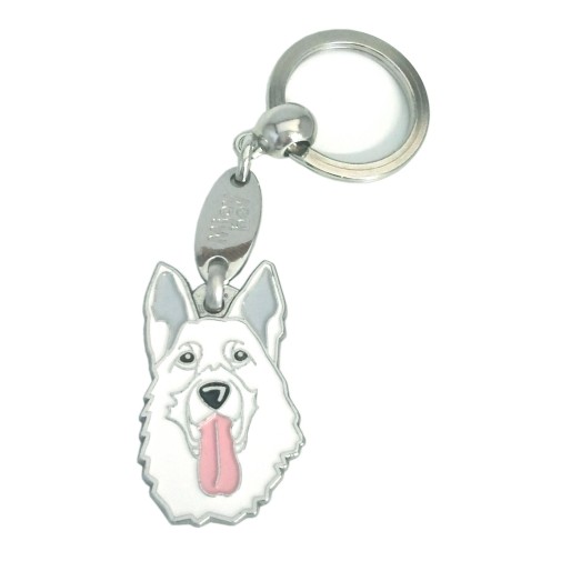 <h3>Custom personalized dog name tag White shepherd</h3>
This unique, cute and quality dog id tag is offered with laser-engraved name and phone number or your custom text. It comes with a stainless steel split ring for easy attachment to your pet’s collar. All items are also available as keychains.
A perfect gift for dogs and dog lovers.

<strong>Color:</strong> colored/silver
<strong>Size:</strong> 23 x 39 mm (0.91 x 1.54 inch)
<strong>Engraving area:</strong> 20 x 18 mm (0.79 x 0.71 inch); recommended layout up to 4 lines, 15 characters per line.

Laser engraving on the back side is included in the price. Please enter the text you would like engraved (recommended: dog’s name and phone number). The engraving will be centered and easy to read. 
<strong>Important:</strong> If you exceed the recommended text length, the engraving will be significantly smaller and may become difficult to read. For best readability, we strongly recommend keeping the text short and clear.

Metal, chrome plated dog tag or key ring. 
Hand made, hand colored, made in Slovenia. 

In stock.

<h3>About the breed – White shepherd</h3>
<section>
<h2>White Swiss Shepherd (Berger Blanc Suisse): Characteristics & Care</h2>
<p>The <strong>White Swiss Shepherd</strong> is a medium to large, elegant and intelligent dog breed that originates from white-coated German Shepherd lines and is now recognized as a separate breed. It belongs to the <strong>FCI Group 1 (Sheepdogs and Cattle Dogs)</strong>. It is known for its striking white, dense double coat, strong loyalty, and deep attachment to its family.</p>
<h3>Temperament and Family Life</h3>
<p>This breed is extremely loyal, gentle with family members, and highly protective, making it an excellent watchdog. With children it is usually patient and affectionate, but it requires early socialization and consistent training. It is intelligent, hardworking, and highly trainable, which makes it suitable for active owners and dog sports.</p>
<h3>Physical Requirements & Exercise</h3>
<p>To maintain a healthy and balanced life, the White Swiss Shepherd needs:</p>
<ul>
<li><strong>Daily Exercise:</strong> Long walks, running, and mental stimulation activities.</li>
<li><strong>Environment:</strong> A family setting with enough space and close human contact.</li>
<li><strong>Grooming:</strong> Regular brushing of the dense double coat, especially during shedding periods.</li>
</ul>
<p><strong>Pro Tip:</strong> A personalized engraved dog tag beautifully highlights its elegant appearance while also providing safety and identification.</p>
</section>
