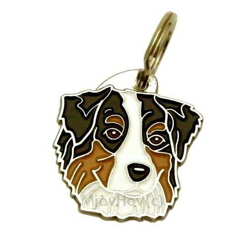 <h3>Custom personalized dog name tag Australian shepherd tricolor</h3>
This unique, cute and quality dog id tag is offered with laser-engraved name and phone number or your custom text. It comes with a stainless steel split ring for easy attachment to your pet’s collar. All items are also available as keychains.
A perfect gift for dogs and dog lovers.

<strong>Color:</strong> colored/silver
<strong>Size:</strong> 29 x 30 mm (1.14 x 1.18 inch)
<strong>Engraving area:</strong> 20 x 18 mm (0.79 x 0.71 inch); recommended layout up to 4 lines, 15 characters per line.

Laser engraving on the back side is included in the price. Please enter the text you would like engraved (recommended: dog’s name and phone number). The engraving will be centered and easy to read. 
<strong>Important:</strong> If you exceed the recommended text length, the engraving will be significantly smaller and may become difficult to read. For best readability, we strongly recommend keeping the text short and clear.

Metal, chrome plated dog tag or key ring. 
Hand made, hand colored, made in Slovenia. 

In stock.

<h3>About the breed – Australian shepherd tricolor</h3>
<section>
<h2>Australian Shepherd (Aussie): Characteristics & Care</h2>
<p>The <strong>Australian Shepherd</strong> (Aussie) is a medium-sized, highly intelligent and energetic dog breed that was developed in the United States despite its name. It belongs to the <strong>FCI Group 1 (Sheepdogs and Cattle Dogs)</strong>. Known for its striking coat patterns, often with merle coloring, and expressive eyes, it was bred as a <strong>working and herding dog</strong>.</p>
<h3>Temperament and Family Life</h3>
<p>Australian Shepherds are extremely loyal, affectionate with their families, and excellent with children when properly socialized. They are <strong>alert, attentive, and protective</strong>, making them reliable watchdogs, while remaining friendly and devoted. Their high intelligence and eagerness to please make them highly trainable, though they require consistent mental stimulation.</p>
<h3>Physical Requirements & Exercise</h3>
<p>To live a healthy and fulfilled life, an Australian Shepherd needs:</p>
<ul>
<li><strong>Daily Exercise:</strong> Intensive physical activity, long walks, running, and challenging tasks.</li>
<li><strong>Environment:</strong> An active home with space and opportunities for work or play.</li>
<li><strong>Grooming:</strong> Regular brushing of the medium-length <strong>double coat</strong> to maintain its condition.</li>
</ul>
<p><strong>Pro Tip:</strong> A personalized engraved dog tag enhances the Aussie’s distinctive look while providing a practical and stylish form of identification.</p>
</section>
