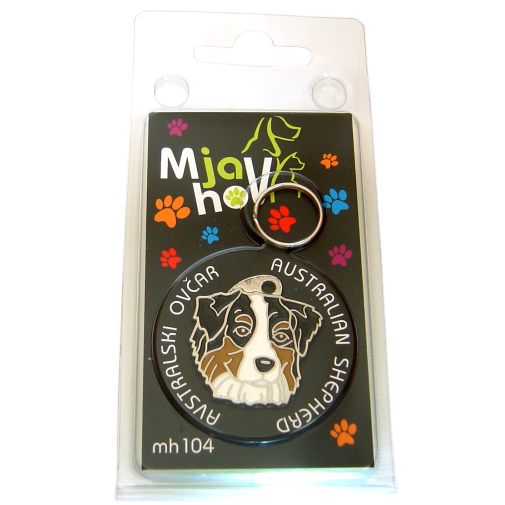 <h3>Custom personalized dog name tag Australian shepherd tricolor</h3>
This unique, cute and quality dog id tag is offered with laser-engraved name and phone number or your custom text. It comes with a stainless steel split ring for easy attachment to your pet’s collar. All items are also available as keychains.
A perfect gift for dogs and dog lovers.

<strong>Color:</strong> colored/silver
<strong>Size:</strong> 29 x 30 mm (1.14 x 1.18 inch)
<strong>Engraving area:</strong> 20 x 18 mm (0.79 x 0.71 inch); recommended layout up to 4 lines, 15 characters per line.

Laser engraving on the back side is included in the price. Please enter the text you would like engraved (recommended: dog’s name and phone number). The engraving will be centered and easy to read. 
<strong>Important:</strong> If you exceed the recommended text length, the engraving will be significantly smaller and may become difficult to read. For best readability, we strongly recommend keeping the text short and clear.

Metal, chrome plated dog tag or key ring. 
Hand made, hand colored, made in Slovenia. 

In stock.

<h3>About the breed – Australian shepherd tricolor</h3>
<section>
<h2>Australian Shepherd (Aussie): Characteristics & Care</h2>
<p>The <strong>Australian Shepherd</strong> (Aussie) is a medium-sized, highly intelligent and energetic dog breed that was developed in the United States despite its name. It belongs to the <strong>FCI Group 1 (Sheepdogs and Cattle Dogs)</strong>. Known for its striking coat patterns, often with merle coloring, and expressive eyes, it was bred as a <strong>working and herding dog</strong>.</p>
<h3>Temperament and Family Life</h3>
<p>Australian Shepherds are extremely loyal, affectionate with their families, and excellent with children when properly socialized. They are <strong>alert, attentive, and protective</strong>, making them reliable watchdogs, while remaining friendly and devoted. Their high intelligence and eagerness to please make them highly trainable, though they require consistent mental stimulation.</p>
<h3>Physical Requirements & Exercise</h3>
<p>To live a healthy and fulfilled life, an Australian Shepherd needs:</p>
<ul>
<li><strong>Daily Exercise:</strong> Intensive physical activity, long walks, running, and challenging tasks.</li>
<li><strong>Environment:</strong> An active home with space and opportunities for work or play.</li>
<li><strong>Grooming:</strong> Regular brushing of the medium-length <strong>double coat</strong> to maintain its condition.</li>
</ul>
<p><strong>Pro Tip:</strong> A personalized engraved dog tag enhances the Aussie’s distinctive look while providing a practical and stylish form of identification.</p>
</section>
