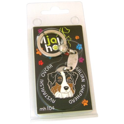 <h3>Custom personalized dog name tag Australian shepherd tricolor</h3>
This unique, cute and quality dog id tag is offered with laser-engraved name and phone number or your custom text. It comes with a stainless steel split ring for easy attachment to your pet’s collar. All items are also available as keychains.
A perfect gift for dogs and dog lovers.

<strong>Color:</strong> colored/silver
<strong>Size:</strong> 29 x 30 mm (1.14 x 1.18 inch)
<strong>Engraving area:</strong> 20 x 18 mm (0.79 x 0.71 inch); recommended layout up to 4 lines, 15 characters per line.

Laser engraving on the back side is included in the price. Please enter the text you would like engraved (recommended: dog’s name and phone number). The engraving will be centered and easy to read. 
<strong>Important:</strong> If you exceed the recommended text length, the engraving will be significantly smaller and may become difficult to read. For best readability, we strongly recommend keeping the text short and clear.

Metal, chrome plated dog tag or key ring. 
Hand made, hand colored, made in Slovenia. 

In stock.

<h3>About the breed – Australian shepherd tricolor</h3>
<section>
<h2>Australian Shepherd (Aussie): Characteristics & Care</h2>
<p>The <strong>Australian Shepherd</strong> (Aussie) is a medium-sized, highly intelligent and energetic dog breed that was developed in the United States despite its name. It belongs to the <strong>FCI Group 1 (Sheepdogs and Cattle Dogs)</strong>. Known for its striking coat patterns, often with merle coloring, and expressive eyes, it was bred as a <strong>working and herding dog</strong>.</p>
<h3>Temperament and Family Life</h3>
<p>Australian Shepherds are extremely loyal, affectionate with their families, and excellent with children when properly socialized. They are <strong>alert, attentive, and protective</strong>, making them reliable watchdogs, while remaining friendly and devoted. Their high intelligence and eagerness to please make them highly trainable, though they require consistent mental stimulation.</p>
<h3>Physical Requirements & Exercise</h3>
<p>To live a healthy and fulfilled life, an Australian Shepherd needs:</p>
<ul>
<li><strong>Daily Exercise:</strong> Intensive physical activity, long walks, running, and challenging tasks.</li>
<li><strong>Environment:</strong> An active home with space and opportunities for work or play.</li>
<li><strong>Grooming:</strong> Regular brushing of the medium-length <strong>double coat</strong> to maintain its condition.</li>
</ul>
<p><strong>Pro Tip:</strong> A personalized engraved dog tag enhances the Aussie’s distinctive look while providing a practical and stylish form of identification.</p>
</section>
