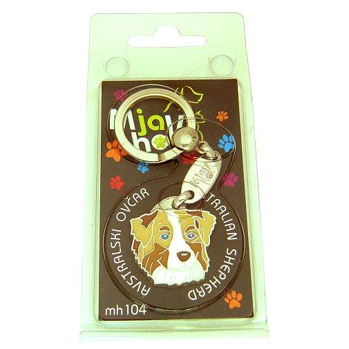 <h3>Custom personalized dog name tag Australian shepherd red merle</h3>
This unique, cute and quality dog id tag is offered with laser-engraved name and phone number or your custom text. It comes with a stainless steel split ring for easy attachment to your pet’s collar. All items are also available as keychains.
A perfect gift for dogs and dog lovers.

<strong>Color:</strong> colored/silver
<strong>Size:</strong> 29 x 30 mm (1.14 x 1.18 inch)
<strong>Engraving area:</strong> 20 x 18 mm (0.79 x 0.71 inch); recommended layout up to 4 lines, 15 characters per line.

Laser engraving on the back side is included in the price. Please enter the text you would like engraved (recommended: dog’s name and phone number). The engraving will be centered and easy to read. 
<strong>Important:</strong> If you exceed the recommended text length, the engraving will be significantly smaller and may become difficult to read. For best readability, we strongly recommend keeping the text short and clear.

Metal, chrome plated dog tag or key ring. 
Hand made, hand colored, made in Slovenia. 

In stock.

<h3>About the breed – Australian shepherd red merle</h3>
<section>
<h2>Australian Shepherd (Aussie): Characteristics & Care</h2>
<p>The <strong>Australian Shepherd</strong> (Aussie) is a medium-sized, highly intelligent and energetic dog breed that was developed in the United States despite its name. It belongs to the <strong>FCI Group 1 (Sheepdogs and Cattle Dogs)</strong>. Known for its striking coat patterns, often with merle coloring, and expressive eyes, it was bred as a <strong>working and herding dog</strong>.</p>
<h3>Temperament and Family Life</h3>
<p>Australian Shepherds are extremely loyal, affectionate with their families, and excellent with children when properly socialized. They are <strong>alert, attentive, and protective</strong>, making them reliable watchdogs, while remaining friendly and devoted. Their high intelligence and eagerness to please make them highly trainable, though they require consistent mental stimulation.</p>
<h3>Physical Requirements & Exercise</h3>
<p>To live a healthy and fulfilled life, an Australian Shepherd needs:</p>
<ul>
<li><strong>Daily Exercise:</strong> Intensive physical activity, long walks, running, and challenging tasks.</li>
<li><strong>Environment:</strong> An active home with space and opportunities for work or play.</li>
<li><strong>Grooming:</strong> Regular brushing of the medium-length <strong>double coat</strong> to maintain its condition.</li>
</ul>
<p><strong>Pro Tip:</strong> A personalized engraved dog tag enhances the Aussie’s distinctive look while providing a practical and stylish form of identification.</p>
</section>
