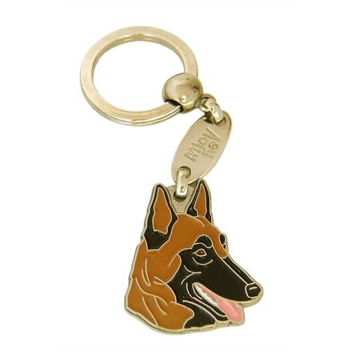 <h3>Custom personalized dog name tag Belgian shepherd, malinois</h3>
This unique, cute and quality dog id tag is offered with laser-engraved name and phone number or your custom text. It comes with a stainless steel split ring for easy attachment to your pet’s collar. All items are also available as keychains.
A perfect gift for dogs and dog lovers.

<strong>Color:</strong> colored/silver
<strong>Size:</strong> 36 x 30 mm (1.42 x 1.18 inch)
<strong>Engraving area:</strong> 18 x 16 mm (0.71 x 0.63 inch); recommended layout up to 4 lines, 15 characters per line.

Laser engraving on the back side is included in the price. Please enter the text you would like engraved (recommended: dog’s name and phone number). The engraving will be centered and easy to read. 
<strong>Important:</strong> If you exceed the recommended text length, the engraving will be significantly smaller and may become difficult to read. For best readability, we strongly recommend keeping the text short and clear.

Metal, chrome plated dog tag or key ring. 
Hand made, hand colored, made in Slovenia. 

In stock.

<h3>About the breed – Belgian shepherd, malinois</h3>
<section>
<h2>Belgian Shepherd (Malinois): Characteristics & Care</h2>
<p><strong>The Belgian Shepherd Malinois</strong> is a medium-sized, extremely hardworking and intelligent dog breed originating from Belgium. It belongs to the <strong>FCI Group 1 (Sheepdogs and Cattle Dogs)</strong>. It was bred as a <strong>working and family dog</strong>, known for its short coat, athletic build, and exceptional trainability.</p>
<h3>Temperament and Family Life</h3>
<p>The Malinois is a very loyal and protective family dog that gets along well with children with proper socialization. It is <strong>alert, confident, and highly intelligent</strong>, making it an excellent watchdog and working dog, but it requires consistent training. Its energetic and focused nature suits active owners who can provide enough mental stimulation.</p>
<h3>Physical Requirements & Exercise</h3>
<p>To live a healthy and happy life, the Belgian Shepherd Malinois needs:</p>
<ul>
    <li><strong>Daily Exercise:</strong> Intensive activities, training, and long walks.</li>
    <li><strong>Environment:</strong> An active environment with plenty of space and tasks.</li>
    <li><strong>Grooming:</strong> Occasional brushing of the short, dense <strong>double coat</strong>.</li>
</ul>
<p><strong>Pro Tip:</strong> A personalized engraved dog tag highlights the strong and elegant appearance of the Malinois while serving as a practical and modern dog accessory.</p>
</section>
