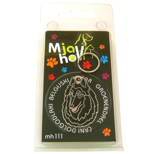 <h3>Custom personalized dog name tag Belgian shepherd, groenendael</h3>
This unique, cute and quality dog id tag is offered with laser-engraved name and phone number or your custom text. It comes with a stainless steel split ring for easy attachment to your pet’s collar. All items are also available as keychains.
A perfect gift for dogs and dog lovers.

<strong>Color:</strong> colored/silver
<strong>Size:</strong> 38 x 26 mm (1.50 x 1.02 inch)
<strong>Engraving area:</strong> 20 x 20 mm (0.79 x 0.79 inch); recommended layout up to 4 lines, 15 characters per line.

Laser engraving on the back side is included in the price. Please enter the text you would like engraved (recommended: dog’s name and phone number). The engraving will be centered and easy to read. 
<strong>Important:</strong> If you exceed the recommended text length, the engraving will be significantly smaller and may become difficult to read. For best readability, we strongly recommend keeping the text short and clear.

Metal, chrome plated dog tag or key ring. 
Hand made, hand colored, made in Slovenia. 

In stock.

<h3>About the breed – Belgian shepherd, groenendael</h3>
<section>
<h2>Belgian Shepherd (Groenendael): Characteristics & Care</h2>
<p>The <strong>Belgian Shepherd Groenendael</strong> is an elegant, intelligent, and highly versatile dog breed originating from Belgium. It belongs to the <strong>FCI Group 1 (Sheepdogs and Cattle Dogs)</strong>. Bred as a <strong>working and family dog</strong>, it is known for its long, black coat, strong build, and exceptional trainability.</p>
<h3>Temperament and Family Life</h3>
<p>Groenendaels are loyal and devoted companions, excellent with children when properly socialized and deeply attached to their families. They are <strong>alert, intelligent, and protective</strong>, making them reliable watchdogs while remaining affectionate and responsive. Their energetic and sensitive nature makes them ideal for active households that can provide attention and structure.</p>
<h3>Physical Requirements & Exercise</h3>
<p>To live a healthy and balanced life, a Groenendael needs:</p>
<ul>
    <li><strong>Daily Exercise:</strong> High levels of activity, training, and mental stimulation.</li>
    <li><strong>Environment:</strong> A spacious home with regular outdoor activity and close human interaction.</li>
    <li><strong>Grooming:</strong> Frequent brushing of the long, dense <strong>double coat</strong>.</li>
</ul>
<p><strong>Pro Tip:</strong> A <strong>personalized engraved dog tag</strong> complements the noble and elegant appearance of your Groenendael while serving as a stylish and practical accessory.</p>
</section>
