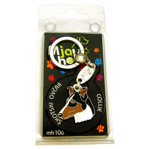 <h3>Custom personalized dog name tag Collie smooth tricolor</h3>
This unique, cute and quality dog id tag is offered with laser-engraved name and phone number or your custom text. It comes with a stainless steel split ring for easy attachment to your pet’s collar. All items are also available as keychains.
A perfect gift for dogs and dog lovers.

<strong>Color:</strong> colored/silver
<strong>Size:</strong> 29 x 31 mm (1.14 x 1.22 inch)
<strong>Engraving area:</strong> 19 x 12 mm (0.75 x 0.47 inch); recommended layout up to 4 lines, 15 characters per line.

Laser engraving on the back side is included in the price. Please enter the text you would like engraved (recommended: dog’s name and phone number). The engraving will be centered and easy to read. 
<strong>Important:</strong> If you exceed the recommended text length, the engraving will be significantly smaller and may become difficult to read. For best readability, we strongly recommend keeping the text short and clear.

Metal, chrome plated dog tag or key ring. 
Hand made, hand colored, made in Slovenia. 

In stock.

<h3>About the breed – Collie smooth tricolor</h3>
<section>
<h2>Smooth Collie: Characteristics & Care</h2>
<p>The <strong>Smooth Collie</strong> is an elegant, intelligent, and affectionate breed originating from Scotland. It belongs to the <strong>FCI Group 1 (Sheepdogs and Cattle Dogs)</strong> and was bred as a <strong>working and family dog</strong>, known for its short, smooth coat and balanced temperament. Its devotion to family, sensitivity, and friendliness make it an excellent companion.</p>
<h3>Temperament and Family Life</h3>
<p>The Smooth Collie is extremely <strong>gentle, loyal, and protective</strong>, making it a great family dog that gets along well with children. It is <strong>alert, intelligent, and quick to learn</strong>, which means it can also serve as a reliable watchdog while remaining friendly toward guests. Its playful and sensitive nature requires plenty of companionship and positive interaction.</p>
<h3>Physical Requirements & Exercise</h3>
<p>To live a healthy and happy life, a Smooth Collie needs:</p>
<ul>
    <li><strong>Daily Exercise:</strong> Regular walks, running, and mental challenges.</li>
    <li><strong>Environment:</strong> Space to move and close contact with family.</li>
    <li><strong>Grooming:</strong> Occasional brushing of the short, dense <strong>double coat</strong>.</li>
</ul>
<p><strong>Pro Tip:</strong> A personalized engraved dog tag elegantly complements the refined appearance of your Smooth Collie while serving as a practical and modern accessory.</p>
</section>
