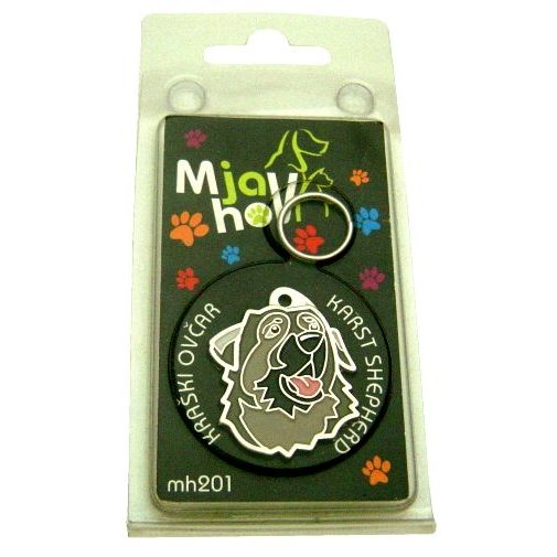 <h3>Custom personalized dog name tag Karst shepherd black muzzle</h3>
This unique, cute and quality dog id tag is offered with laser-engraved name and phone number or your custom text. It comes with a stainless steel split ring for easy attachment to your pet’s collar. All items are also available as keychains.
A perfect gift for dogs and dog lovers.

<strong>Color:</strong> colored/silver
<strong>Size:</strong> 30 x 35 mm (1.18 x 1.38 inch)
<strong>Engraving area:</strong> 20 x 20 mm (0.79 x 0.79 inch); recommended layout up to 4 lines, 15 characters per line.

Laser engraving on the back side is included in the price. Please enter the text you would like engraved (recommended: dog’s name and phone number). The engraving will be centered and easy to read. 
<strong>Important:</strong> If you exceed the recommended text length, the engraving will be significantly smaller and may become difficult to read. For best readability, we strongly recommend keeping the text short and clear.

Metal, chrome plated dog tag or key ring. 
Hand made, hand colored, made in Slovenia. 

In stock.

<h3>About the breed – Karst shepherd black muzzle</h3>
<section>
<h2>Karst Shepherd: Characteristics & Care</h2>
<p><strong>Karst Shepherd</strong> (Karst Shepherd, Kraski Ovčar) is a medium-sized, strong and loyal dog breed originating from Slovenia. It belongs to the <strong>FCI Group 2 (Pinschers, Schnauzers, Molossoids and Swiss Mountain Dogs)</strong> and was bred as a <strong>herding and guarding dog</strong>, known for its brave nature, protective instinct, and dense iron-grey coat.</p>
<h3>Temperament and Family Life</h3>
<p>Karst Shepherds are very loyal, calm and devoted to their family, while also being <strong>alert, intelligent and confident</strong>. They are generally gentle and protective with children, but require early socialization to maintain a balanced temperament, while their natural caution ensures excellent watchdog abilities.</p>
<h3>Physical Requirements & Exercise</h3>
<p>To live a healthy and happy life, a Karst Shepherd needs:</p>
<ul>
    <li><strong>Daily Exercise:</strong> Moderate to high activity, long walks and tasks involving work or guarding.</li>
    <li><strong>Environment:</strong> A spacious and secure environment, ideally with a yard or countryside.</li>
    <li><strong>Grooming:</strong> Regular brushing of the dense, medium-length <strong>double coat</strong>.</li>
</ul>
<p><strong>Pro Tip:</strong> A <strong>personalized engraved dog tag</strong> highlights the powerful and noble appearance of the Karst Shepherd while serving as a durable and elegant accessory.</p>
</section>
