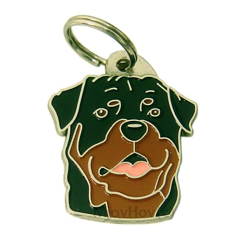 <h3>Custom personalized dog name tag Rottweiler</h3>
This unique, cute and quality dog id tag is offered with laser-engraved name and phone number or your custom text. It comes with a stainless steel split ring for easy attachment to your pet’s collar. All items are also available as keychains.
A perfect gift for dogs and dog lovers.

<strong>Color:</strong> colored/silver
<strong>Size:</strong> 30 x 35 mm (1.18 x 1.38 inch)
<strong>Engraving area:</strong> 20 x 20 mm (0.79 x 0.79 inch); recommended layout up to 4 lines, 15 characters per line.

Laser engraving on the back side is included in the price. Please enter the text you would like engraved (recommended: dog’s name and phone number). The engraving will be centered and easy to read. 
<strong>Important:</strong> If you exceed the recommended text length, the engraving will be significantly smaller and may become difficult to read. For best readability, we strongly recommend keeping the text short and clear.

Metal, chrome plated dog tag or key ring. 
Hand made, hand colored, made in Slovenia. 

In stock.

<h3>About the breed – Rottweiler</h3>
<section>
<h2>Rottweiler: Characteristics & Care</h2>
<p><strong>Rottweiler</strong> is a strong, confident, and loyal dog breed originating from Germany. It belongs to the <strong>FCI Group 2 (Pinscher and Schnauzer, Molossoid breeds, Swiss Mountain and Cattle Dogs)</strong>. Bred as a <strong>working and family dog</strong>, it is known for its muscular build, short coat, and strong protective instinct.</p>
<h3>Temperament and Family Life</h3>
<p>Rottweilers are loyal and protective family dogs that, with proper training, are excellent with children and strongly attached to their owners. They are <strong>alert, intelligent, and courageous</strong>, making them excellent watchdogs while also being calm and balanced in a home environment. Their confident and stable nature requires consistent socialization and a responsible owner.</p>
<h3>Physical Requirements & Exercise</h3>
<p>To live a healthy and happy life, a Rottweiler needs:</p>
<ul>
    <li><strong>Daily Exercise:</strong> Regular, more intensive activity, training, and long walks.</li>
    <li><strong>Environment:</strong> Space to move and close connection with family.</li>
    <li><strong>Grooming:</strong> Occasional brushing of the short, dense <strong>double coat</strong>.</li>
</ul>
<p><strong>Pro Tip:</strong> A <strong>personalized engraved dog tag</strong> highlights the powerful and elegant appearance of your Rottweiler while serving as a practical and modern accessory.</p>
</section>
