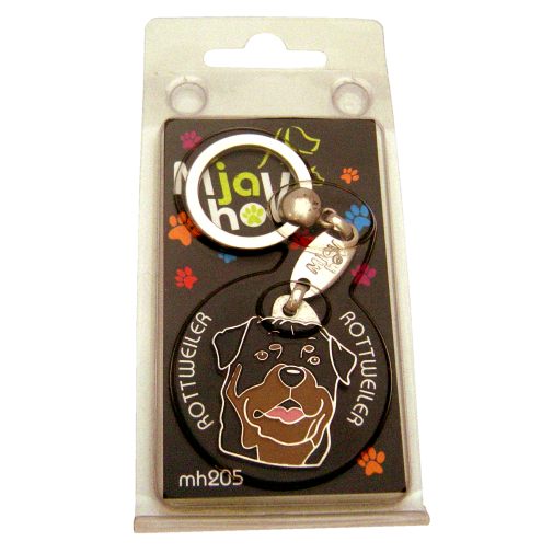 <h3>Custom personalized dog name tag Rottweiler</h3>
This unique, cute and quality dog id tag is offered with laser-engraved name and phone number or your custom text. It comes with a stainless steel split ring for easy attachment to your pet’s collar. All items are also available as keychains.
A perfect gift for dogs and dog lovers.

<strong>Color:</strong> colored/silver
<strong>Size:</strong> 30 x 35 mm (1.18 x 1.38 inch)
<strong>Engraving area:</strong> 20 x 20 mm (0.79 x 0.79 inch); recommended layout up to 4 lines, 15 characters per line.

Laser engraving on the back side is included in the price. Please enter the text you would like engraved (recommended: dog’s name and phone number). The engraving will be centered and easy to read. 
<strong>Important:</strong> If you exceed the recommended text length, the engraving will be significantly smaller and may become difficult to read. For best readability, we strongly recommend keeping the text short and clear.

Metal, chrome plated dog tag or key ring. 
Hand made, hand colored, made in Slovenia. 

In stock.

<h3>About the breed – Rottweiler</h3>
<section>
<h2>Rottweiler: Characteristics & Care</h2>
<p><strong>Rottweiler</strong> is a strong, confident, and loyal dog breed originating from Germany. It belongs to the <strong>FCI Group 2 (Pinscher and Schnauzer, Molossoid breeds, Swiss Mountain and Cattle Dogs)</strong>. Bred as a <strong>working and family dog</strong>, it is known for its muscular build, short coat, and strong protective instinct.</p>
<h3>Temperament and Family Life</h3>
<p>Rottweilers are loyal and protective family dogs that, with proper training, are excellent with children and strongly attached to their owners. They are <strong>alert, intelligent, and courageous</strong>, making them excellent watchdogs while also being calm and balanced in a home environment. Their confident and stable nature requires consistent socialization and a responsible owner.</p>
<h3>Physical Requirements & Exercise</h3>
<p>To live a healthy and happy life, a Rottweiler needs:</p>
<ul>
    <li><strong>Daily Exercise:</strong> Regular, more intensive activity, training, and long walks.</li>
    <li><strong>Environment:</strong> Space to move and close connection with family.</li>
    <li><strong>Grooming:</strong> Occasional brushing of the short, dense <strong>double coat</strong>.</li>
</ul>
<p><strong>Pro Tip:</strong> A <strong>personalized engraved dog tag</strong> highlights the powerful and elegant appearance of your Rottweiler while serving as a practical and modern accessory.</p>
</section>
