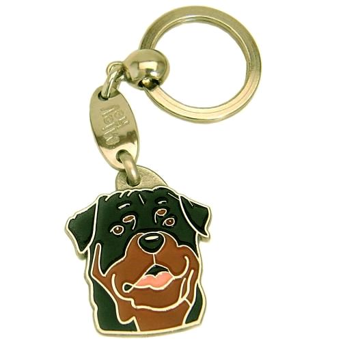 <h3>Custom personalized dog name tag Rottweiler</h3>
This unique, cute and quality dog id tag is offered with laser-engraved name and phone number or your custom text. It comes with a stainless steel split ring for easy attachment to your pet’s collar. All items are also available as keychains.
A perfect gift for dogs and dog lovers.

<strong>Color:</strong> colored/silver
<strong>Size:</strong> 30 x 35 mm (1.18 x 1.38 inch)
<strong>Engraving area:</strong> 20 x 20 mm (0.79 x 0.79 inch); recommended layout up to 4 lines, 15 characters per line.

Laser engraving on the back side is included in the price. Please enter the text you would like engraved (recommended: dog’s name and phone number). The engraving will be centered and easy to read. 
<strong>Important:</strong> If you exceed the recommended text length, the engraving will be significantly smaller and may become difficult to read. For best readability, we strongly recommend keeping the text short and clear.

Metal, chrome plated dog tag or key ring. 
Hand made, hand colored, made in Slovenia. 

In stock.

<h3>About the breed – Rottweiler</h3>
<section>
<h2>Rottweiler: Characteristics & Care</h2>
<p><strong>Rottweiler</strong> is a strong, confident, and loyal dog breed originating from Germany. It belongs to the <strong>FCI Group 2 (Pinscher and Schnauzer, Molossoid breeds, Swiss Mountain and Cattle Dogs)</strong>. Bred as a <strong>working and family dog</strong>, it is known for its muscular build, short coat, and strong protective instinct.</p>
<h3>Temperament and Family Life</h3>
<p>Rottweilers are loyal and protective family dogs that, with proper training, are excellent with children and strongly attached to their owners. They are <strong>alert, intelligent, and courageous</strong>, making them excellent watchdogs while also being calm and balanced in a home environment. Their confident and stable nature requires consistent socialization and a responsible owner.</p>
<h3>Physical Requirements & Exercise</h3>
<p>To live a healthy and happy life, a Rottweiler needs:</p>
<ul>
    <li><strong>Daily Exercise:</strong> Regular, more intensive activity, training, and long walks.</li>
    <li><strong>Environment:</strong> Space to move and close connection with family.</li>
    <li><strong>Grooming:</strong> Occasional brushing of the short, dense <strong>double coat</strong>.</li>
</ul>
<p><strong>Pro Tip:</strong> A <strong>personalized engraved dog tag</strong> highlights the powerful and elegant appearance of your Rottweiler while serving as a practical and modern accessory.</p>
</section>
