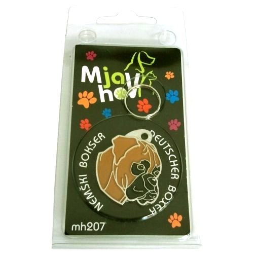 <h3>Custom personalized dog name tag Boxer fawn</h3>
This unique, cute and quality dog id tag is offered with laser-engraved name and phone number or your custom text. It comes with a stainless steel split ring for easy attachment to your pet’s collar. All items are also available as keychains.
A perfect gift for dogs and dog lovers.

<strong>Color:</strong> colored/silver
<strong>Size:</strong> 29 x 33 mm (1.14 x 1.30 inch)
<strong>Engraving area:</strong> 18 x 17 mm (0.71 x 0.67 inch); recommended layout up to 4 lines, 15 characters per line.

Laser engraving on the back side is included in the price. Please enter the text you would like engraved (recommended: dog’s name and phone number). The engraving will be centered and easy to read. 
<strong>Important:</strong> If you exceed the recommended text length, the engraving will be significantly smaller and may become difficult to read. For best readability, we strongly recommend keeping the text short and clear.

Metal, chrome plated dog tag or key ring. 
Hand made, hand colored, made in Slovenia. 

In stock.

<h3>About the breed – Boxer fawn</h3>
<section>
<h2>German Boxer (Boxer): Characteristics & Care</h2>
<p><strong>German Boxer</strong> (Boxer) is a medium-sized, strong, and energetic dog breed originating from Germany. It belongs to the <strong>FCI Group 2 (Pinschers, Schnauzers, Molossoid breeds, and Swiss Mountain Dogs)</strong>. It was bred as a <strong>working and family dog</strong>, known for its muscular build, short coat, and expressive, playful personality.</p>
<h3>Temperament and Family Life</h3>
<p>Boxers are extremely loyal and affectionate family dogs, excellent with children and strongly attached to their owners. They are <strong>alert, courageous, and intelligent</strong>, which makes them good watchdogs while remaining friendly, playful, and social. Their energetic and protective nature makes them ideal for active families.</p>
<h3>Physical Requirements & Exercise</h3>
<p>To live a healthy and happy life, a German Boxer needs:</p>
<ul>
    <li><strong>Daily Exercise:</strong> Plenty of activity, playtime, and longer walks.</li>
    <li><strong>Environment:</strong> A spacious home and regular interaction with family.</li>
    <li><strong>Grooming:</strong> Easy maintenance of the short, smooth <strong>coat</strong>.</li>
</ul>
<p><strong>Pro Tip:</strong> A <strong>personalized engraved dog tag</strong> beautifully highlights the strong and elegant appearance of your Boxer while serving as a practical and stylish accessory.</p>
</section>

