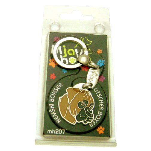 <h3>Custom personalized dog name tag Boxer fawn</h3>
This unique, cute and quality dog id tag is offered with laser-engraved name and phone number or your custom text. It comes with a stainless steel split ring for easy attachment to your pet’s collar. All items are also available as keychains.
A perfect gift for dogs and dog lovers.

<strong>Color:</strong> colored/silver
<strong>Size:</strong> 29 x 33 mm (1.14 x 1.30 inch)
<strong>Engraving area:</strong> 18 x 17 mm (0.71 x 0.67 inch); recommended layout up to 4 lines, 15 characters per line.

Laser engraving on the back side is included in the price. Please enter the text you would like engraved (recommended: dog’s name and phone number). The engraving will be centered and easy to read. 
<strong>Important:</strong> If you exceed the recommended text length, the engraving will be significantly smaller and may become difficult to read. For best readability, we strongly recommend keeping the text short and clear.

Metal, chrome plated dog tag or key ring. 
Hand made, hand colored, made in Slovenia. 

In stock.

<h3>About the breed – Boxer fawn</h3>
<section>
<h2>German Boxer (Boxer): Characteristics & Care</h2>
<p><strong>German Boxer</strong> (Boxer) is a medium-sized, strong, and energetic dog breed originating from Germany. It belongs to the <strong>FCI Group 2 (Pinschers, Schnauzers, Molossoid breeds, and Swiss Mountain Dogs)</strong>. It was bred as a <strong>working and family dog</strong>, known for its muscular build, short coat, and expressive, playful personality.</p>
<h3>Temperament and Family Life</h3>
<p>Boxers are extremely loyal and affectionate family dogs, excellent with children and strongly attached to their owners. They are <strong>alert, courageous, and intelligent</strong>, which makes them good watchdogs while remaining friendly, playful, and social. Their energetic and protective nature makes them ideal for active families.</p>
<h3>Physical Requirements & Exercise</h3>
<p>To live a healthy and happy life, a German Boxer needs:</p>
<ul>
    <li><strong>Daily Exercise:</strong> Plenty of activity, playtime, and longer walks.</li>
    <li><strong>Environment:</strong> A spacious home and regular interaction with family.</li>
    <li><strong>Grooming:</strong> Easy maintenance of the short, smooth <strong>coat</strong>.</li>
</ul>
<p><strong>Pro Tip:</strong> A <strong>personalized engraved dog tag</strong> beautifully highlights the strong and elegant appearance of your Boxer while serving as a practical and stylish accessory.</p>
</section>
