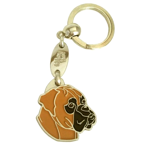 <h3>Custom personalized dog name tag Boxer fawn</h3>
This unique, cute and quality dog id tag is offered with laser-engraved name and phone number or your custom text. It comes with a stainless steel split ring for easy attachment to your pet’s collar. All items are also available as keychains.
A perfect gift for dogs and dog lovers.

<strong>Color:</strong> colored/silver
<strong>Size:</strong> 29 x 33 mm (1.14 x 1.30 inch)
<strong>Engraving area:</strong> 18 x 17 mm (0.71 x 0.67 inch); recommended layout up to 4 lines, 15 characters per line.

Laser engraving on the back side is included in the price. Please enter the text you would like engraved (recommended: dog’s name and phone number). The engraving will be centered and easy to read. 
<strong>Important:</strong> If you exceed the recommended text length, the engraving will be significantly smaller and may become difficult to read. For best readability, we strongly recommend keeping the text short and clear.

Metal, chrome plated dog tag or key ring. 
Hand made, hand colored, made in Slovenia. 

In stock.

<h3>About the breed – Boxer fawn</h3>
<section>
<h2>German Boxer (Boxer): Characteristics & Care</h2>
<p><strong>German Boxer</strong> (Boxer) is a medium-sized, strong, and energetic dog breed originating from Germany. It belongs to the <strong>FCI Group 2 (Pinschers, Schnauzers, Molossoid breeds, and Swiss Mountain Dogs)</strong>. It was bred as a <strong>working and family dog</strong>, known for its muscular build, short coat, and expressive, playful personality.</p>
<h3>Temperament and Family Life</h3>
<p>Boxers are extremely loyal and affectionate family dogs, excellent with children and strongly attached to their owners. They are <strong>alert, courageous, and intelligent</strong>, which makes them good watchdogs while remaining friendly, playful, and social. Their energetic and protective nature makes them ideal for active families.</p>
<h3>Physical Requirements & Exercise</h3>
<p>To live a healthy and happy life, a German Boxer needs:</p>
<ul>
    <li><strong>Daily Exercise:</strong> Plenty of activity, playtime, and longer walks.</li>
    <li><strong>Environment:</strong> A spacious home and regular interaction with family.</li>
    <li><strong>Grooming:</strong> Easy maintenance of the short, smooth <strong>coat</strong>.</li>
</ul>
<p><strong>Pro Tip:</strong> A <strong>personalized engraved dog tag</strong> beautifully highlights the strong and elegant appearance of your Boxer while serving as a practical and stylish accessory.</p>
</section>
