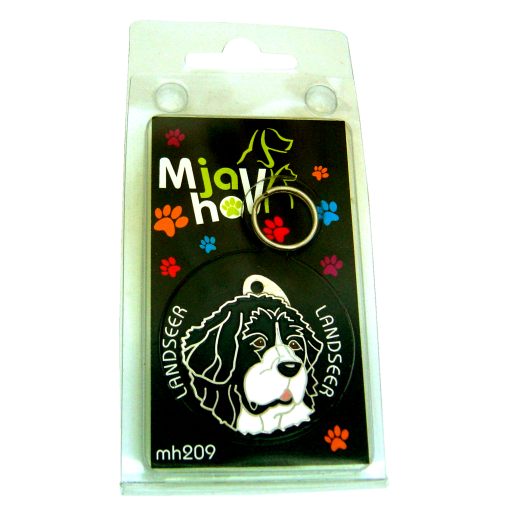 <h3>Custom personalized dog name tag Landseer black and white</h3>
This unique, cute and quality dog id tag is offered with laser-engraved name and phone number or your custom text. It comes with a stainless steel split ring for easy attachment to your pet’s collar. All items are also available as keychains.
A perfect gift for dogs and dog lovers.

<strong>Color:</strong> colored/silver
<strong>Size:</strong> 32 x 36 mm (1.26 x 1.42 inch)
<strong>Engraving area:</strong> 23 x 20 mm (0.91 x 0.79 inch); recommended layout up to 4 lines, 15 characters per line.

Laser engraving on the back side is included in the price. Please enter the text you would like engraved (recommended: dog’s name and phone number). The engraving will be centered and easy to read. 
<strong>Important:</strong> If you exceed the recommended text length, the engraving will be significantly smaller and may become difficult to read. For best readability, we strongly recommend keeping the text short and clear.

Metal, chrome plated dog tag or key ring. 
Hand made, hand colored, made in Slovenia. 

In stock.

<h3>About the breed – Landseer black and white</h3>
<section>
<h2>Landseer: Characteristics & Care</h2>
<p>The <strong>Landseer</strong> (Landseer ECT) is a large, noble, and gentle dog breed closely related to the Newfoundland, originating from Europe. It belongs to the <strong>FCI Group 2 (Pinscher and Schnauzer, Molossoid breeds, and Swiss Mountain Dogs)</strong>. Bred as a <strong>working and family dog</strong>, it is known for its striking black and white coat, strong build, and calm, friendly nature.</p>
<h3>Temperament and Family Life</h3>
<p>Landseers are exceptionally affectionate family dogs, excellent with children and very devoted to their owners. They are <strong>alert, intelligent, and attentive</strong>, which makes them reliable watchdogs while remaining gentle and approachable. Their calm yet playful personality makes them suitable for families who appreciate both relaxation and outdoor activities.</p>
<h3>Physical Requirements & Exercise</h3>
<p>To live a healthy and happy life, a Landseer needs:</p>
<ul>
    <li><strong>Daily Exercise:</strong> Moderate to higher activity, including walks, swimming, and play.</li>
    <li><strong>Environment:</strong> A spacious home with access to outdoor areas and close family contact.</li>
    <li><strong>Grooming:</strong> Regular brushing of the thick, water-resistant <strong>double coat</strong>.</li>
</ul>
<p><strong>Pro Tip:</strong> A <strong>personalized engraved dog tag</strong> highlights the impressive and elegant appearance of your Landseer while serving as a stylish and practical accessory.</p>
</section>
