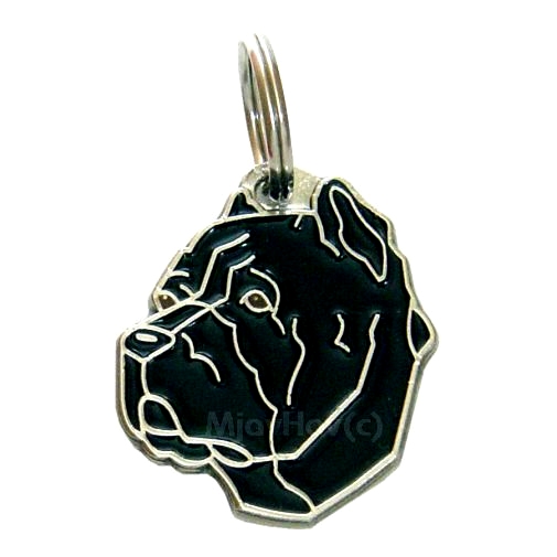 <h3>Custom personalized dog name tag Cane corso cropped ears black</h3>
This unique, cute and quality dog id tag is offered with laser-engraved name and phone number or your custom text. It comes with a stainless steel split ring for easy attachment to your pet’s collar. All items are also available as keychains.
A perfect gift for dogs and dog lovers.

<strong>Color:</strong> colored/silver
<strong>Size:</strong> 30 x 35 mm (1.18 x 1.38 inch)
<strong>Engraving area:</strong> 20 x 20 mm (0.79 x 0.79 inch); recommended layout up to 4 lines, 15 characters per line.

Laser engraving on the back side is included in the price. Please enter the text you would like engraved (recommended: dog’s name and phone number). The engraving will be centered and easy to read. 
<strong>Important:</strong> If you exceed the recommended text length, the engraving will be significantly smaller and may become difficult to read. For best readability, we strongly recommend keeping the text short and clear.

Metal, chrome plated dog tag or key ring. 
Hand made, hand colored, made in Slovenia. 

In stock.

<h3>About the breed – Cane corso cropped ears black</h3>
<section>
<h2>Cane Corso (cropped ears): Characteristics & Care</h2>
<p><strong>Cane Corso</strong> is a strong, confident, and loyal dog breed originating from Italy. It belongs to the <strong>FCI Group 2 (Pinscher, Schnauzer, Molossoid and Swiss Mountain Dogs)</strong>. It was bred as a <strong>working and guard dog</strong>, known for its muscular build, short coat, and strong protective instinct, with some individuals also having characteristic cropped ears.</p>
<h3>Temperament and Family Life</h3>
<p>The Cane Corso is an extremely loyal family dog that can be gentle with children and very attached to its owners. It is <strong>alert, intelligent, and protective</strong>, making it an excellent watchdog, yet with proper socialization it remains balanced, calm, and adaptable as a companion.</p>
<h3>Physical Requirements & Exercise</h3>
<p>To live a healthy and happy life, a Cane Corso needs:</p>
<ul>
    <li><strong>Daily Exercise:</strong> Regular, structured activity and mental stimulation.</li>
    <li><strong>Environment:</strong> Space where it can express its energy and protective nature.</li>
    <li><strong>Grooming:</strong> Simple care of the short, dense <strong>double coat</strong>.</li>
</ul>
<p><strong>Pro Tip:</strong> A personalized engraved dog tag highlights the powerful and elegant appearance of the Cane Corso while serving as a practical and stylish accessory.</p>
</section>
