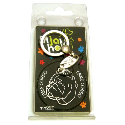 <h3>Custom personalized dog name tag Cane corso cropped ears black</h3>
This unique, cute and quality dog id tag is offered with laser-engraved name and phone number or your custom text. It comes with a stainless steel split ring for easy attachment to your pet’s collar. All items are also available as keychains.
A perfect gift for dogs and dog lovers.

<strong>Color:</strong> colored/silver
<strong>Size:</strong> 30 x 35 mm (1.18 x 1.38 inch)
<strong>Engraving area:</strong> 20 x 20 mm (0.79 x 0.79 inch); recommended layout up to 4 lines, 15 characters per line.

Laser engraving on the back side is included in the price. Please enter the text you would like engraved (recommended: dog’s name and phone number). The engraving will be centered and easy to read. 
<strong>Important:</strong> If you exceed the recommended text length, the engraving will be significantly smaller and may become difficult to read. For best readability, we strongly recommend keeping the text short and clear.

Metal, chrome plated dog tag or key ring. 
Hand made, hand colored, made in Slovenia. 

In stock.

<h3>About the breed – Cane corso cropped ears black</h3>
<section>
<h2>Cane Corso (cropped ears): Characteristics & Care</h2>
<p><strong>Cane Corso</strong> is a strong, confident, and loyal dog breed originating from Italy. It belongs to the <strong>FCI Group 2 (Pinscher, Schnauzer, Molossoid and Swiss Mountain Dogs)</strong>. It was bred as a <strong>working and guard dog</strong>, known for its muscular build, short coat, and strong protective instinct, with some individuals also having characteristic cropped ears.</p>
<h3>Temperament and Family Life</h3>
<p>The Cane Corso is an extremely loyal family dog that can be gentle with children and very attached to its owners. It is <strong>alert, intelligent, and protective</strong>, making it an excellent watchdog, yet with proper socialization it remains balanced, calm, and adaptable as a companion.</p>
<h3>Physical Requirements & Exercise</h3>
<p>To live a healthy and happy life, a Cane Corso needs:</p>
<ul>
    <li><strong>Daily Exercise:</strong> Regular, structured activity and mental stimulation.</li>
    <li><strong>Environment:</strong> Space where it can express its energy and protective nature.</li>
    <li><strong>Grooming:</strong> Simple care of the short, dense <strong>double coat</strong>.</li>
</ul>
<p><strong>Pro Tip:</strong> A personalized engraved dog tag highlights the powerful and elegant appearance of the Cane Corso while serving as a practical and stylish accessory.</p>
</section>
