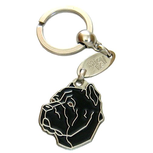 <h3>Custom personalized dog name tag Cane corso cropped ears black</h3>
This unique, cute and quality dog id tag is offered with laser-engraved name and phone number or your custom text. It comes with a stainless steel split ring for easy attachment to your pet’s collar. All items are also available as keychains.
A perfect gift for dogs and dog lovers.

<strong>Color:</strong> colored/silver
<strong>Size:</strong> 30 x 35 mm (1.18 x 1.38 inch)
<strong>Engraving area:</strong> 20 x 20 mm (0.79 x 0.79 inch); recommended layout up to 4 lines, 15 characters per line.

Laser engraving on the back side is included in the price. Please enter the text you would like engraved (recommended: dog’s name and phone number). The engraving will be centered and easy to read. 
<strong>Important:</strong> If you exceed the recommended text length, the engraving will be significantly smaller and may become difficult to read. For best readability, we strongly recommend keeping the text short and clear.

Metal, chrome plated dog tag or key ring. 
Hand made, hand colored, made in Slovenia. 

In stock.

<h3>About the breed – Cane corso cropped ears black</h3>
<section>
<h2>Cane Corso (cropped ears): Characteristics & Care</h2>
<p><strong>Cane Corso</strong> is a strong, confident, and loyal dog breed originating from Italy. It belongs to the <strong>FCI Group 2 (Pinscher, Schnauzer, Molossoid and Swiss Mountain Dogs)</strong>. It was bred as a <strong>working and guard dog</strong>, known for its muscular build, short coat, and strong protective instinct, with some individuals also having characteristic cropped ears.</p>
<h3>Temperament and Family Life</h3>
<p>The Cane Corso is an extremely loyal family dog that can be gentle with children and very attached to its owners. It is <strong>alert, intelligent, and protective</strong>, making it an excellent watchdog, yet with proper socialization it remains balanced, calm, and adaptable as a companion.</p>
<h3>Physical Requirements & Exercise</h3>
<p>To live a healthy and happy life, a Cane Corso needs:</p>
<ul>
    <li><strong>Daily Exercise:</strong> Regular, structured activity and mental stimulation.</li>
    <li><strong>Environment:</strong> Space where it can express its energy and protective nature.</li>
    <li><strong>Grooming:</strong> Simple care of the short, dense <strong>double coat</strong>.</li>
</ul>
<p><strong>Pro Tip:</strong> A personalized engraved dog tag highlights the powerful and elegant appearance of the Cane Corso while serving as a practical and stylish accessory.</p>
</section>
