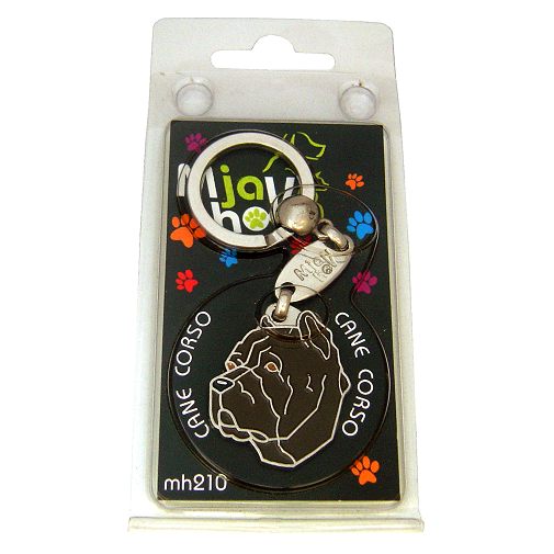<h3>Custom personalized dog name tag Cane corso cropped ears brindle</h3>
This unique, cute and quality dog id tag is offered with laser-engraved name and phone number or your custom text. It comes with a stainless steel split ring for easy attachment to your pet’s collar. All items are also available as keychains.
A perfect gift for dogs and dog lovers.

<strong>Color:</strong> colored/silver
<strong>Size:</strong> 30 x 35 mm (1.18 x 1.38 inch)
<strong>Engraving area:</strong> 20 x 20 mm (0.79 x 0.79 inch); recommended layout up to 4 lines, 15 characters per line.

Laser engraving on the back side is included in the price. Please enter the text you would like engraved (recommended: dog’s name and phone number). The engraving will be centered and easy to read. 
<strong>Important:</strong> If you exceed the recommended text length, the engraving will be significantly smaller and may become difficult to read. For best readability, we strongly recommend keeping the text short and clear.

Metal, chrome plated dog tag or key ring. 
Hand made, hand colored, made in Slovenia. 

In stock.

<h3>About the breed – Cane corso cropped ears brindle</h3>
<section>
<h2>Cane Corso (cropped ears): Characteristics & Care</h2>
<p><strong>Cane Corso</strong> is a strong, confident, and loyal dog breed originating from Italy. It belongs to the <strong>FCI Group 2 (Pinscher, Schnauzer, Molossoid and Swiss Mountain Dogs)</strong>. It was bred as a <strong>working and guard dog</strong>, known for its muscular build, short coat, and strong protective instinct, with some individuals also having characteristic cropped ears.</p>
<h3>Temperament and Family Life</h3>
<p>The Cane Corso is an extremely loyal family dog that can be gentle with children and very attached to its owners. It is <strong>alert, intelligent, and protective</strong>, making it an excellent watchdog, yet with proper socialization it remains balanced, calm, and adaptable as a companion.</p>
<h3>Physical Requirements & Exercise</h3>
<p>To live a healthy and happy life, a Cane Corso needs:</p>
<ul>
    <li><strong>Daily Exercise:</strong> Regular, structured activity and mental stimulation.</li>
    <li><strong>Environment:</strong> Space where it can express its energy and protective nature.</li>
    <li><strong>Grooming:</strong> Simple care of the short, dense <strong>double coat</strong>.</li>
</ul>
<p><strong>Pro Tip:</strong> A personalized engraved dog tag highlights the powerful and elegant appearance of the Cane Corso while serving as a practical and stylish accessory.</p>
</section>
