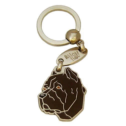 <h3>Custom personalized dog name tag Cane corso cropped ears brindle</h3>
This unique, cute and quality dog id tag is offered with laser-engraved name and phone number or your custom text. It comes with a stainless steel split ring for easy attachment to your pet’s collar. All items are also available as keychains.
A perfect gift for dogs and dog lovers.

<strong>Color:</strong> colored/silver
<strong>Size:</strong> 30 x 35 mm (1.18 x 1.38 inch)
<strong>Engraving area:</strong> 20 x 20 mm (0.79 x 0.79 inch); recommended layout up to 4 lines, 15 characters per line.

Laser engraving on the back side is included in the price. Please enter the text you would like engraved (recommended: dog’s name and phone number). The engraving will be centered and easy to read. 
<strong>Important:</strong> If you exceed the recommended text length, the engraving will be significantly smaller and may become difficult to read. For best readability, we strongly recommend keeping the text short and clear.

Metal, chrome plated dog tag or key ring. 
Hand made, hand colored, made in Slovenia. 

In stock.

<h3>About the breed – Cane corso cropped ears brindle</h3>
<section>
<h2>Cane Corso (cropped ears): Characteristics & Care</h2>
<p><strong>Cane Corso</strong> is a strong, confident, and loyal dog breed originating from Italy. It belongs to the <strong>FCI Group 2 (Pinscher, Schnauzer, Molossoid and Swiss Mountain Dogs)</strong>. It was bred as a <strong>working and guard dog</strong>, known for its muscular build, short coat, and strong protective instinct, with some individuals also having characteristic cropped ears.</p>
<h3>Temperament and Family Life</h3>
<p>The Cane Corso is an extremely loyal family dog that can be gentle with children and very attached to its owners. It is <strong>alert, intelligent, and protective</strong>, making it an excellent watchdog, yet with proper socialization it remains balanced, calm, and adaptable as a companion.</p>
<h3>Physical Requirements & Exercise</h3>
<p>To live a healthy and happy life, a Cane Corso needs:</p>
<ul>
    <li><strong>Daily Exercise:</strong> Regular, structured activity and mental stimulation.</li>
    <li><strong>Environment:</strong> Space where it can express its energy and protective nature.</li>
    <li><strong>Grooming:</strong> Simple care of the short, dense <strong>double coat</strong>.</li>
</ul>
<p><strong>Pro Tip:</strong> A personalized engraved dog tag highlights the powerful and elegant appearance of the Cane Corso while serving as a practical and stylish accessory.</p>
</section>
