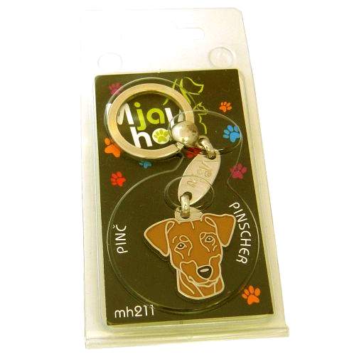 <h3>Custom personalized dog name tag Pinscher red</h3>
This unique, cute and quality dog id tag is offered with laser-engraved name and phone number or your custom text. It comes with a stainless steel split ring for easy attachment to your pet’s collar. All items are also available as keychains.
A perfect gift for dogs and dog lovers.

<strong>Color:</strong> colored/silver
<strong>Size:</strong> 29 x 30 mm (1.14 x 1.18 inch)
<strong>Engraving area:</strong> 20 x 12 mm (0.79 x 0.47 inch); recommended layout up to 4 lines, 15 characters per line.

Laser engraving on the back side is included in the price. Please enter the text you would like engraved (recommended: dog’s name and phone number). The engraving will be centered and easy to read. 
<strong>Important:</strong> If you exceed the recommended text length, the engraving will be significantly smaller and may become difficult to read. For best readability, we strongly recommend keeping the text short and clear.

Metal, chrome plated dog tag or key ring. 
Hand made, hand colored, made in Slovenia. 

In stock.

<h3>About the breed – Pinscher red</h3>
<section>
<h2>German Pinscher (Pinscher): Characteristics & Care</h2>
<p><strong>German Pinscher</strong> is a medium-sized, elegant, and energetic dog breed originating from Germany. It belongs to the <strong>FCI Group 2 (Pinschers and Schnauzers)</strong>. It was bred as a <strong>working and family dog</strong>, known for its short, smooth coat, athletic build, and lively temperament.</p>
<h3>Temperament and Family Life</h3>
<p>Pinschers are loyal and affectionate family dogs that form strong bonds with their owners and get along well with children if properly socialized. They are <strong>very alert, intelligent, and confident</strong>, making them excellent watchdogs that quickly notice any changes in their surroundings. Their playful, curious, and active nature makes them suitable for dynamic families.</p>
<h3>Physical Requirements & Exercise</h3>
<p>For a healthy and balanced life, a German Pinscher needs:</p>
<ul>
    <li><strong>Regular exercise:</strong> Daily walks, running, play, and mental stimulation.</li>
    <li><strong>Environment:</strong> An active household with enough space and attention.</li>
    <li><strong>Grooming:</strong> Minimal care of the short, <strong>smooth coat</strong> with occasional brushing.</li>
</ul>
<p><strong>Pro Tip:</strong> A personalized engraved dog tag is an elegant and practical accessory that highlights the proud appearance of the German Pinscher.</p>
</section>
