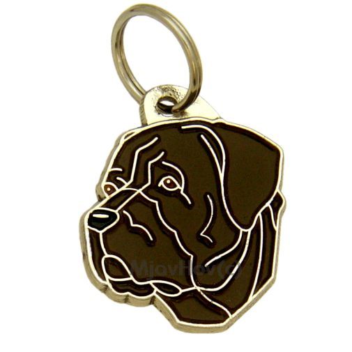 <h3>Custom personalized dog name tag Cane corso brindle</h3>
This unique, cute and quality dog id tag is offered with laser-engraved name and phone number or your custom text. It comes with a stainless steel split ring for easy attachment to your pet’s collar. All items are also available as keychains.
A perfect gift for dogs and dog lovers.

<strong>Color:</strong> colored/silver
<strong>Size:</strong> 31 x 36 mm (1.22 x 1.42 inch)
<strong>Engraving area:</strong> 20 x 20 mm (0.79 x 0.79 inch); recommended layout up to 4 lines, 15 characters per line.

Laser engraving on the back side is included in the price. Please enter the text you would like engraved (recommended: dog’s name and phone number). The engraving will be centered and easy to read. 
<strong>Important:</strong> If you exceed the recommended text length, the engraving will be significantly smaller and may become difficult to read. For best readability, we strongly recommend keeping the text short and clear.

Metal, chrome plated dog tag or key ring. 
Hand made, hand colored, made in Slovenia. 

In stock.

<h3>About the breed – Cane corso brindle</h3>
<section>
<h2>Cane Corso: Characteristics & Care</h2>
<p><strong>Cane Corso</strong> is a large, strong, and confident dog breed originating from Italy. It belongs to the <strong>FCI Group 2 (Pinscher, Schnauzer, Molossoid and Swiss Mountain Dogs)</strong>. It was bred as a <strong>working, guard, and family dog</strong>, known for its muscular build, short coat, and strong protective instinct.</p>
<h3>Temperament and Family Life</h3>
<p>The Cane Corso is an extremely loyal and protective family dog that can be gentle with children and very attached to its owners. It is <strong>alert, intelligent, and confident</strong>, making it an excellent watchdog, yet with proper socialization it remains balanced, calm, and adaptable as a companion.</p>
<h3>Physical Requirements & Exercise</h3>
<p>To live a healthy and happy life, a Cane Corso needs:</p>
<ul>
    <li><strong>Daily Exercise:</strong> Regular, more intense activity and mental stimulation.</li>
    <li><strong>Environment:</strong> A spacious setting with room for movement and controlled activity.</li>
    <li><strong>Grooming:</strong> Simple care of the short, dense <strong>double coat</strong>.</li>
</ul>
<p><strong>Pro Tip:</strong> A personalized engraved dog tag highlights the powerful and elegant appearance of the Cane Corso while serving as a practical and modern accessory.</p>
</section>
