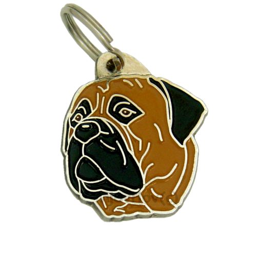 <h3>Custom personalized dog name tag Bullmastiff</h3>
This unique, cute and quality dog id tag is offered with laser-engraved name and phone number or your custom text. It comes with a stainless steel split ring for easy attachment to your pet’s collar. All items are also available as keychains.
A perfect gift for dogs and dog lovers.

<strong>Color:</strong> colored/silver
<strong>Size:</strong> 30 x 34 mm (1.18 x 1.34 inch)
<strong>Engraving area:</strong> 20 x 18 mm (0.79 x 0.71 inch); recommended layout up to 4 lines, 15 characters per line.

Laser engraving on the back side is included in the price. Please enter the text you would like engraved (recommended: dog’s name and phone number). The engraving will be centered and easy to read. 
<strong>Important:</strong> If you exceed the recommended text length, the engraving will be significantly smaller and may become difficult to read. For best readability, we strongly recommend keeping the text short and clear.

Metal, chrome plated dog tag or key ring. 
Hand made, hand colored, made in Slovenia. 

In stock.

<h3>About the breed – Bullmastiff</h3>
<section>
<h2>Bullmastiff: Characteristics & Care</h2>
<p><strong>Bullmastiff</strong> (Bullmastiff) is a large, powerful, and protective dog breed originating from Great Britain. It belongs to the <strong>FCI Group 2 (Pinscher, Schnauzer, Molossoid and Swiss Mountain Dogs)</strong>. It was bred as a <strong>estate guard dog</strong>, known for its muscular build, short coat, and calm, confident temperament.</p>
<h3>Temperament and Family Life</h3>
<p>Bullmastiffs are very loyal and protective family dogs that are excellent with children when properly socialized. They are <strong>alert, intelligent, and calm</strong>, making them effective watchdogs while remaining gentle and devoted to their family. Their balanced nature allows them to adapt well to different lifestyles.</p>
<h3>Physical Requirements & Exercise</h3>
<p>To live a healthy and happy life, a Bullmastiff needs:</p>
<ul>
    <li><strong>Daily Exercise:</strong> Moderate walks and calm activity.</li>
    <li><strong>Environment:</strong> A spacious home with close contact to family.</li>
    <li><strong>Grooming:</strong> Occasional brushing of the short, dense <strong>double coat</strong>.</li>
</ul>
<p><strong>Pro Tip:</strong> A <strong>personalized engraved dog tag</strong> complements the powerful and elegant look of the Bullmastiff while serving as a practical and stylish accessory.</p>
</section>
