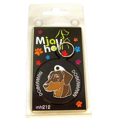 <h3>Custom personalized dog name tag Doberman brown</h3>
This unique, cute and quality dog id tag is offered with laser-engraved name and phone number or your custom text. It comes with a stainless steel split ring for easy attachment to your pet’s collar. All items are also available as keychains.
A perfect gift for dogs and dog lovers.

<strong>Color:</strong> colored/silver
<strong>Size:</strong> 28 x 32 mm (1.10 x 1.26 inch)
<strong>Engraving area:</strong> 19 x 16 mm (0.75 x 0.63 inch); recommended layout up to 4 lines, 15 characters per line.

Laser engraving on the back side is included in the price. Please enter the text you would like engraved (recommended: dog’s name and phone number). The engraving will be centered and easy to read. 
<strong>Important:</strong> If you exceed the recommended text length, the engraving will be significantly smaller and may become difficult to read. For best readability, we strongly recommend keeping the text short and clear.

Metal, chrome plated dog tag or key ring. 
Hand made, hand colored, made in Slovenia. 

In stock.

<h3>About the breed – Doberman brown</h3>
<section>
<h2>Doberman (Dobermann): Characteristics & Care</h2>
<p>The <strong>Doberman</strong> (Dobermann) is a medium to large, elegant and powerful dog breed originating from Germany. It belongs to the <strong>FCI Group 2 (Pinschers, Schnauzers, Molossoid breeds and Swiss Mountain Dogs)</strong>. It was bred as a <strong>reliable guard and family dog</strong>, known for its short, smooth coat, athletic build, and exceptional intelligence.</p>
<h3>Temperament and Family Life</h3>
<p>Dobermans are extremely <strong>loyal, protective, and attached</strong> to their owners, making them excellent family dogs that can do well with children when properly trained. They are <strong>alert, brave, and highly trainable</strong>, which makes them outstanding watchdogs while remaining loving and stable companions. Their energetic and confident nature requires consistent training and sufficient mental stimulation.</p>
<h3>Physical Requirements & Exercise</h3>
<p>To live a healthy and balanced life, a Doberman needs:</p>
<ul>
    <li><strong>Daily Exercise:</strong> Intensive activities, running, training, and long walks.</li>
    <li><strong>Environment:</strong> An active environment with plenty of space and close connection to family.</li>
    <li><strong>Grooming:</strong> Minimal care of the short, <strong>smooth coat</strong> with occasional brushing.</li>
</ul>
<p><strong>Pro Tip:</strong> A personalized engraved dog tag highlights the elegant and confident appearance of your Doberman while serving as a practical and stylish accessory.</p>
</section>
