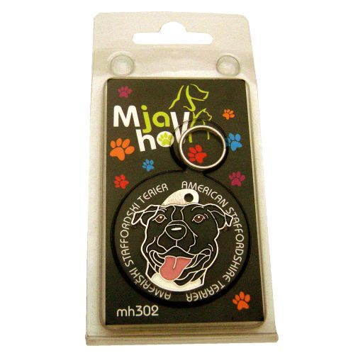 <h3>Custom personalized dog name tag American staffordshire terrier black</h3>
This unique, cute and quality dog id tag is offered with laser-engraved name and phone number or your custom text. It comes with a stainless steel split ring for easy attachment to your pet’s collar. All items are also available as keychains.
A perfect gift for dogs and dog lovers.

<strong>Color:</strong> colored/silver
<strong>Size:</strong> 32 x 33 mm (1.26 x 1.30 inch)
<strong>Engraving area:</strong> 20 x 19 mm (0.79 x 0.75 inch); recommended layout up to 4 lines, 15 characters per line.

Laser engraving on the back side is included in the price. Please enter the text you would like engraved (recommended: dog’s name and phone number). The engraving will be centered and easy to read. 
<strong>Important:</strong> If you exceed the recommended text length, the engraving will be significantly smaller and may become difficult to read. For best readability, we strongly recommend keeping the text short and clear.

Metal, chrome plated dog tag or key ring. 
Hand made, hand colored, made in Slovenia. 

In stock.

<h3>About the breed – American staffordshire terrier black</h3>
<section>
<h2>American Staffordshire Terrier (Amstaff): Characteristics & Care</h2>
<p>The <strong>American Staffordshire Terrier</strong> (Amstaff) is a strong, loyal, and intelligent dog breed originating from the United States. It belongs to the <strong>FCI Group 3 (Terriers)</strong>. Bred as a <strong>family companion and working dog</strong>, it is known for its muscular build, short coat, and confident yet affectionate personality.</p>
<h3>Temperament and Family Life</h3>
<p>Amstaffs are extremely devoted family dogs, excellent with children when properly socialized and deeply bonded to their owners. They are <strong>alert, courageous, and intelligent</strong>, which makes them reliable watchdogs while still being friendly and stable. Their playful yet protective nature suits active families who can provide consistent training and attention.</p>
<h3>Physical Requirements & Exercise</h3>
<p>To live a healthy and balanced life, an American Staffordshire Terrier needs:</p>
<ul>
    <li><strong>Daily Exercise:</strong> Regular physical activity, play, and structured training.</li>
    <li><strong>Environment:</strong> A stable home with clear leadership and close human interaction.</li>
    <li><strong>Grooming:</strong> Minimal care thanks to its short, smooth <strong>coat</strong>.</li>
</ul>
<p><strong>Pro Tip:</strong> A <strong>personalized engraved dog tag</strong> complements the strong and elegant look of your Amstaff while adding a practical and stylish accessory.</p>
</section>
