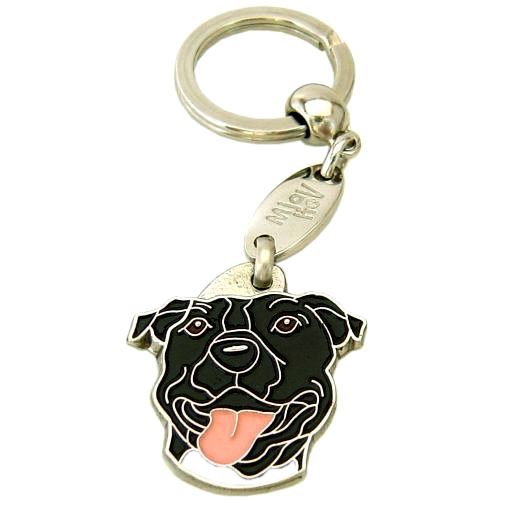 <h3>Custom personalized dog name tag American staffordshire terrier black</h3>
This unique, cute and quality dog id tag is offered with laser-engraved name and phone number or your custom text. It comes with a stainless steel split ring for easy attachment to your pet’s collar. All items are also available as keychains.
A perfect gift for dogs and dog lovers.

<strong>Color:</strong> colored/silver
<strong>Size:</strong> 32 x 33 mm (1.26 x 1.30 inch)
<strong>Engraving area:</strong> 20 x 19 mm (0.79 x 0.75 inch); recommended layout up to 4 lines, 15 characters per line.

Laser engraving on the back side is included in the price. Please enter the text you would like engraved (recommended: dog’s name and phone number). The engraving will be centered and easy to read. 
<strong>Important:</strong> If you exceed the recommended text length, the engraving will be significantly smaller and may become difficult to read. For best readability, we strongly recommend keeping the text short and clear.

Metal, chrome plated dog tag or key ring. 
Hand made, hand colored, made in Slovenia. 

In stock.

<h3>About the breed – American staffordshire terrier black</h3>
<section>
<h2>American Staffordshire Terrier (Amstaff): Characteristics & Care</h2>
<p>The <strong>American Staffordshire Terrier</strong> (Amstaff) is a strong, loyal, and intelligent dog breed originating from the United States. It belongs to the <strong>FCI Group 3 (Terriers)</strong>. Bred as a <strong>family companion and working dog</strong>, it is known for its muscular build, short coat, and confident yet affectionate personality.</p>
<h3>Temperament and Family Life</h3>
<p>Amstaffs are extremely devoted family dogs, excellent with children when properly socialized and deeply bonded to their owners. They are <strong>alert, courageous, and intelligent</strong>, which makes them reliable watchdogs while still being friendly and stable. Their playful yet protective nature suits active families who can provide consistent training and attention.</p>
<h3>Physical Requirements & Exercise</h3>
<p>To live a healthy and balanced life, an American Staffordshire Terrier needs:</p>
<ul>
    <li><strong>Daily Exercise:</strong> Regular physical activity, play, and structured training.</li>
    <li><strong>Environment:</strong> A stable home with clear leadership and close human interaction.</li>
    <li><strong>Grooming:</strong> Minimal care thanks to its short, smooth <strong>coat</strong>.</li>
</ul>
<p><strong>Pro Tip:</strong> A <strong>personalized engraved dog tag</strong> complements the strong and elegant look of your Amstaff while adding a practical and stylish accessory.</p>
</section>

