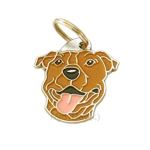 <h3>Custom personalized dog name tag American staffordshire terrier brown</h3>
This unique, cute and quality dog id tag is offered with laser-engraved name and phone number or your custom text. It comes with a stainless steel split ring for easy attachment to your pet’s collar. All items are also available as keychains.
A perfect gift for dogs and dog lovers.

<strong>Color:</strong> colored/silver
<strong>Size:</strong> 32 x 33 mm (1.26 x 1.30 inch)
<strong>Engraving area:</strong> 20 x 19 mm (0.79 x 0.75 inch); recommended layout up to 4 lines, 15 characters per line.

Laser engraving on the back side is included in the price. Please enter the text you would like engraved (recommended: dog’s name and phone number). The engraving will be centered and easy to read. 
<strong>Important:</strong> If you exceed the recommended text length, the engraving will be significantly smaller and may become difficult to read. For best readability, we strongly recommend keeping the text short and clear.

Metal, chrome plated dog tag or key ring. 
Hand made, hand colored, made in Slovenia. 

In stock.

<h3>About the breed – American staffordshire terrier brown</h3>
<section>
<h2>American Staffordshire Terrier (Amstaff): Characteristics & Care</h2>
<p>The <strong>American Staffordshire Terrier</strong> (Amstaff) is a strong, loyal, and intelligent dog breed originating from the United States. It belongs to the <strong>FCI Group 3 (Terriers)</strong>. Bred as a <strong>family companion and working dog</strong>, it is known for its muscular build, short coat, and confident yet affectionate personality.</p>
<h3>Temperament and Family Life</h3>
<p>Amstaffs are extremely devoted family dogs, excellent with children when properly socialized and deeply bonded to their owners. They are <strong>alert, courageous, and intelligent</strong>, which makes them reliable watchdogs while still being friendly and stable. Their playful yet protective nature suits active families who can provide consistent training and attention.</p>
<h3>Physical Requirements & Exercise</h3>
<p>To live a healthy and balanced life, an American Staffordshire Terrier needs:</p>
<ul>
    <li><strong>Daily Exercise:</strong> Regular physical activity, play, and structured training.</li>
    <li><strong>Environment:</strong> A stable home with clear leadership and close human interaction.</li>
    <li><strong>Grooming:</strong> Minimal care thanks to its short, smooth <strong>coat</strong>.</li>
</ul>
<p><strong>Pro Tip:</strong> A <strong>personalized engraved dog tag</strong> complements the strong and elegant look of your Amstaff while adding a practical and stylish accessory.</p>
</section>

