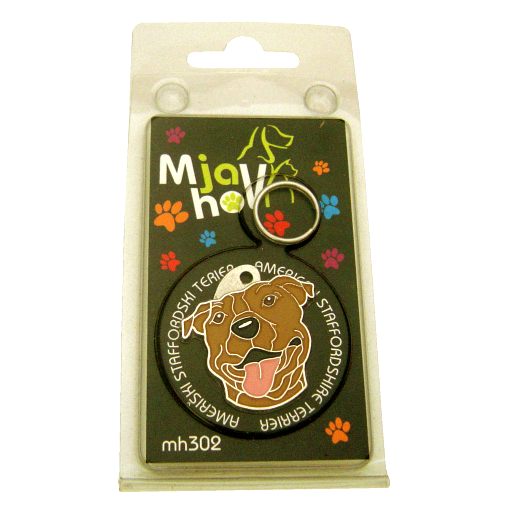 <h3>Custom personalized dog name tag American staffordshire terrier brown</h3>
This unique, cute and quality dog id tag is offered with laser-engraved name and phone number or your custom text. It comes with a stainless steel split ring for easy attachment to your pet’s collar. All items are also available as keychains.
A perfect gift for dogs and dog lovers.

<strong>Color:</strong> colored/silver
<strong>Size:</strong> 32 x 33 mm (1.26 x 1.30 inch)
<strong>Engraving area:</strong> 20 x 19 mm (0.79 x 0.75 inch); recommended layout up to 4 lines, 15 characters per line.

Laser engraving on the back side is included in the price. Please enter the text you would like engraved (recommended: dog’s name and phone number). The engraving will be centered and easy to read. 
<strong>Important:</strong> If you exceed the recommended text length, the engraving will be significantly smaller and may become difficult to read. For best readability, we strongly recommend keeping the text short and clear.

Metal, chrome plated dog tag or key ring. 
Hand made, hand colored, made in Slovenia. 

In stock.

<h3>About the breed – American staffordshire terrier brown</h3>
<section>
<h2>American Staffordshire Terrier (Amstaff): Characteristics & Care</h2>
<p>The <strong>American Staffordshire Terrier</strong> (Amstaff) is a strong, loyal, and intelligent dog breed originating from the United States. It belongs to the <strong>FCI Group 3 (Terriers)</strong>. Bred as a <strong>family companion and working dog</strong>, it is known for its muscular build, short coat, and confident yet affectionate personality.</p>
<h3>Temperament and Family Life</h3>
<p>Amstaffs are extremely devoted family dogs, excellent with children when properly socialized and deeply bonded to their owners. They are <strong>alert, courageous, and intelligent</strong>, which makes them reliable watchdogs while still being friendly and stable. Their playful yet protective nature suits active families who can provide consistent training and attention.</p>
<h3>Physical Requirements & Exercise</h3>
<p>To live a healthy and balanced life, an American Staffordshire Terrier needs:</p>
<ul>
    <li><strong>Daily Exercise:</strong> Regular physical activity, play, and structured training.</li>
    <li><strong>Environment:</strong> A stable home with clear leadership and close human interaction.</li>
    <li><strong>Grooming:</strong> Minimal care thanks to its short, smooth <strong>coat</strong>.</li>
</ul>
<p><strong>Pro Tip:</strong> A <strong>personalized engraved dog tag</strong> complements the strong and elegant look of your Amstaff while adding a practical and stylish accessory.</p>
</section>
