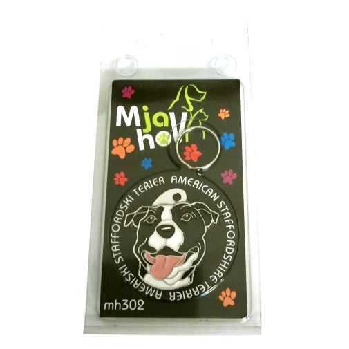 <h3>Custom personalized dog name tag American staffordshire terrier</h3>
This unique, cute and quality dog id tag is offered with laser-engraved name and phone number or your custom text. It comes with a stainless steel split ring for easy attachment to your pet’s collar. All items are also available as keychains.
A perfect gift for dogs and dog lovers.

<strong>Color:</strong> colored/silver
<strong>Size:</strong> 32 x 33 mm (1.26 x 1.30 inch)
<strong>Engraving area:</strong> 20 x 19 mm (0.79 x 0.75 inch); recommended layout up to 4 lines, 15 characters per line.

Laser engraving on the back side is included in the price. Please enter the text you would like engraved (recommended: dog’s name and phone number). The engraving will be centered and easy to read. 
<strong>Important:</strong> If you exceed the recommended text length, the engraving will be significantly smaller and may become difficult to read. For best readability, we strongly recommend keeping the text short and clear.

Metal, chrome plated dog tag or key ring. 
Hand made, hand colored, made in Slovenia. 

In stock.

<h3>About the breed – American staffordshire terrier</h3>
<section>
<h2>American Staffordshire Terrier (Amstaff): Characteristics & Care</h2>
<p>The <strong>American Staffordshire Terrier</strong> (Amstaff) is a strong, loyal, and intelligent dog breed originating from the United States. It belongs to the <strong>FCI Group 3 (Terriers)</strong>. Bred as a <strong>family companion and working dog</strong>, it is known for its muscular build, short coat, and confident yet affectionate personality.</p>
<h3>Temperament and Family Life</h3>
<p>Amstaffs are extremely devoted family dogs, excellent with children when properly socialized and deeply bonded to their owners. They are <strong>alert, courageous, and intelligent</strong>, which makes them reliable watchdogs while still being friendly and stable. Their playful yet protective nature suits active families who can provide consistent training and attention.</p>
<h3>Physical Requirements & Exercise</h3>
<p>To live a healthy and balanced life, an American Staffordshire Terrier needs:</p>
<ul>
    <li><strong>Daily Exercise:</strong> Regular physical activity, play, and structured training.</li>
    <li><strong>Environment:</strong> A stable home with clear leadership and close human interaction.</li>
    <li><strong>Grooming:</strong> Minimal care thanks to its short, smooth <strong>coat</strong>.</li>
</ul>
<p><strong>Pro Tip:</strong> A <strong>personalized engraved dog tag</strong> complements the strong and elegant look of your Amstaff while adding a practical and stylish accessory.</p>
</section>
