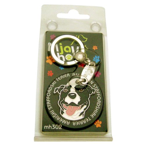 <h3>Custom personalized dog name tag American staffordshire terrier</h3>
This unique, cute and quality dog id tag is offered with laser-engraved name and phone number or your custom text. It comes with a stainless steel split ring for easy attachment to your pet’s collar. All items are also available as keychains.
A perfect gift for dogs and dog lovers.

<strong>Color:</strong> colored/silver
<strong>Size:</strong> 32 x 33 mm (1.26 x 1.30 inch)
<strong>Engraving area:</strong> 20 x 19 mm (0.79 x 0.75 inch); recommended layout up to 4 lines, 15 characters per line.

Laser engraving on the back side is included in the price. Please enter the text you would like engraved (recommended: dog’s name and phone number). The engraving will be centered and easy to read. 
<strong>Important:</strong> If you exceed the recommended text length, the engraving will be significantly smaller and may become difficult to read. For best readability, we strongly recommend keeping the text short and clear.

Metal, chrome plated dog tag or key ring. 
Hand made, hand colored, made in Slovenia. 

In stock.

<h3>About the breed – American staffordshire terrier</h3>
<section>
<h2>American Staffordshire Terrier (Amstaff): Characteristics & Care</h2>
<p>The <strong>American Staffordshire Terrier</strong> (Amstaff) is a strong, loyal, and intelligent dog breed originating from the United States. It belongs to the <strong>FCI Group 3 (Terriers)</strong>. Bred as a <strong>family companion and working dog</strong>, it is known for its muscular build, short coat, and confident yet affectionate personality.</p>
<h3>Temperament and Family Life</h3>
<p>Amstaffs are extremely devoted family dogs, excellent with children when properly socialized and deeply bonded to their owners. They are <strong>alert, courageous, and intelligent</strong>, which makes them reliable watchdogs while still being friendly and stable. Their playful yet protective nature suits active families who can provide consistent training and attention.</p>
<h3>Physical Requirements & Exercise</h3>
<p>To live a healthy and balanced life, an American Staffordshire Terrier needs:</p>
<ul>
    <li><strong>Daily Exercise:</strong> Regular physical activity, play, and structured training.</li>
    <li><strong>Environment:</strong> A stable home with clear leadership and close human interaction.</li>
    <li><strong>Grooming:</strong> Minimal care thanks to its short, smooth <strong>coat</strong>.</li>
</ul>
<p><strong>Pro Tip:</strong> A <strong>personalized engraved dog tag</strong> complements the strong and elegant look of your Amstaff while adding a practical and stylish accessory.</p>
</section>
