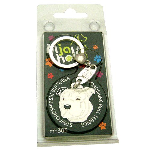 <h3>Custom personalized dog name tag Staffordshire bullterrier white, black ear</h3>
This unique, cute and quality dog id tag is offered with laser-engraved name and phone number or your custom text. It comes with a stainless steel split ring for easy attachment to your pet’s collar. All items are also available as keychains.
A perfect gift for dogs and dog lovers.

<strong>Color:</strong> colored/silver
<strong>Size:</strong> 28 x 31 mm (1.10 x 1.22 inch)
<strong>Engraving area:</strong> 20 x 18 mm (0.79 x 0.71 inch); recommended layout up to 4 lines, 15 characters per line.

Laser engraving on the back side is included in the price. Please enter the text you would like engraved (recommended: dog’s name and phone number). The engraving will be centered and easy to read. 
<strong>Important:</strong> If you exceed the recommended text length, the engraving will be significantly smaller and may become difficult to read. For best readability, we strongly recommend keeping the text short and clear.

Metal, chrome plated dog tag or key ring. 
Hand made, hand colored, made in Slovenia. 

In stock.

<h3>About the breed – Staffordshire bullterrier white, black ear</h3>
<section>
<h2>Staffordshire Bull Terrier (Staffy): Characteristics & Care</h2>
<p>The <strong>Staffordshire Bull Terrier</strong> (Staffordshire Bull Terrier, Staffy) is a medium-sized, muscular and very affectionate dog breed originating from England. It belongs to the <strong>FCI Group 3 (Terriers)</strong>. It was bred as a <strong>working and family dog</strong>, known for its strong build, short coat and remarkable loyalty.</p>
<h3>Temperament and Family Life</h3>
<p>Staffordshire Bull Terriers are extremely devoted family dogs, often very gentle with children and strongly attached to their owners. They are <strong>brave, intelligent and alert</strong>, which makes them good watchdogs while remaining playful, friendly and social. Their energetic and cheerful nature is suitable for active families who can provide enough exercise and attention.</p>
<h3>Physical Requirements & Exercise</h3>
<p>To live a healthy and happy life, a Staffordshire Bull Terrier needs:</p>
<ul>
    <li><strong>Daily Exercise:</strong> Regular physical activity, play and longer walks.</li>
    <li><strong>Environment:</strong> A stable family environment and close contact with owners.</li>
    <li><strong>Grooming:</strong> Easy maintenance of the short, smooth <strong>coat</strong> with occasional brushing.</li>
</ul>
<p><strong>Pro Tip:</strong> A <strong>personalized engraved dog tag</strong> beautifully highlights the strong and elegant appearance of your Staffordshire Bull Terrier while serving as a practical and modern accessory.</p>
</section>
