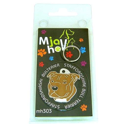 <h3>Custom personalized dog name tag Staffordshire bullterrier brown</h3>
This unique, cute and quality dog id tag is offered with laser-engraved name and phone number or your custom text. It comes with a stainless steel split ring for easy attachment to your pet’s collar. All items are also available as keychains.
A perfect gift for dogs and dog lovers.

<strong>Color:</strong> colored/silver
<strong>Size:</strong> 28 x 31 mm (1.10 x 1.22 inch)
<strong>Engraving area:</strong> 20 x 18 mm (0.79 x 0.71 inch); recommended layout up to 4 lines, 15 characters per line.

Laser engraving on the back side is included in the price. Please enter the text you would like engraved (recommended: dog’s name and phone number). The engraving will be centered and easy to read. 
<strong>Important:</strong> If you exceed the recommended text length, the engraving will be significantly smaller and may become difficult to read. For best readability, we strongly recommend keeping the text short and clear.

Metal, chrome plated dog tag or key ring. 
Hand made, hand colored, made in Slovenia. 

In stock.

<h3>About the breed – Staffordshire bullterrier brown</h3>
<section>
<h2>Staffordshire Bull Terrier (Staffy): Characteristics & Care</h2>
<p>The <strong>Staffordshire Bull Terrier</strong> (Staffordshire Bull Terrier, Staffy) is a medium-sized, muscular and very affectionate dog breed originating from England. It belongs to the <strong>FCI Group 3 (Terriers)</strong>. It was bred as a <strong>working and family dog</strong>, known for its strong build, short coat and remarkable loyalty.</p>
<h3>Temperament and Family Life</h3>
<p>Staffordshire Bull Terriers are extremely devoted family dogs, often very gentle with children and strongly attached to their owners. They are <strong>brave, intelligent and alert</strong>, which makes them good watchdogs while remaining playful, friendly and social. Their energetic and cheerful nature is suitable for active families who can provide enough exercise and attention.</p>
<h3>Physical Requirements & Exercise</h3>
<p>To live a healthy and happy life, a Staffordshire Bull Terrier needs:</p>
<ul>
    <li><strong>Daily Exercise:</strong> Regular physical activity, play and longer walks.</li>
    <li><strong>Environment:</strong> A stable family environment and close contact with owners.</li>
    <li><strong>Grooming:</strong> Easy maintenance of the short, smooth <strong>coat</strong> with occasional brushing.</li>
</ul>
<p><strong>Pro Tip:</strong> A <strong>personalized engraved dog tag</strong> beautifully highlights the strong and elegant appearance of your Staffordshire Bull Terrier while serving as a practical and modern accessory.</p>
</section>
