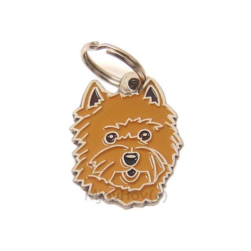 <h3>Custom personalized dog name tag Cairn terrier red</h3>
This unique, cute and quality dog id tag is offered with laser-engraved name and phone number or your custom text. It comes with a stainless steel split ring for easy attachment to your pet’s collar. All items are also available as keychains.
A perfect gift for dogs and dog lovers.

<strong>Color:</strong> colored/silver
<strong>Size:</strong> 26 x 32 mm (1.02 x 1.26 inch)
<strong>Engraving area:</strong> 19 x 19 mm (0.75 x 0.75 inch); recommended layout up to 4 lines, 15 characters per line.

Laser engraving on the back side is included in the price. Please enter the text you would like engraved (recommended: dog’s name and phone number). The engraving will be centered and easy to read. 
<strong>Important:</strong> If you exceed the recommended text length, the engraving will be significantly smaller and may become difficult to read. For best readability, we strongly recommend keeping the text short and clear.

Metal, chrome plated dog tag or key ring. 
Hand made, hand colored, made in Slovenia. 

In stock.

<h3>About the breed – Cairn terrier red</h3>
<section>
<h2>Cairn Terrier: Characteristics & Care</h2>
<p><strong>Cairn Terrier</strong> is a small, energetic, and brave dog breed originating from Scotland. It belongs to the <strong>FCI Group 3 (Terriers)</strong>. Bred as a <strong>working and family dog</strong>, it is known for its rough, weather-resistant coat, lively expression, and fearless character.</p>
<h3>Temperament and Family Life</h3>
<p>Cairn Terriers are very affectionate family dogs, good with children and strongly attached to their owners. They are <strong>alert, intelligent, and curious</strong>, which makes them good watchdogs while remaining friendly and adaptable. Their playful and confident nature suits active families and both house and apartment living.</p>
<h3>Physical Requirements & Exercise</h3>
<p>To live a healthy and happy life, a Cairn Terrier needs:</p>
<ul>
    <li><strong>Daily Exercise:</strong> Regular activity, play, and exploration.</li>
    <li><strong>Environment:</strong> A safe space and plenty of mental stimulation.</li>
    <li><strong>Grooming:</strong> Regular brushing of the harsh <strong>double coat</strong>.</li>
</ul>
<p><strong>Pro Tip:</strong> A <strong>personalized engraved dog tag</strong> highlights the distinctive and brave look of your Cairn Terrier while being a practical and stylish accessory.</p>
</section>
