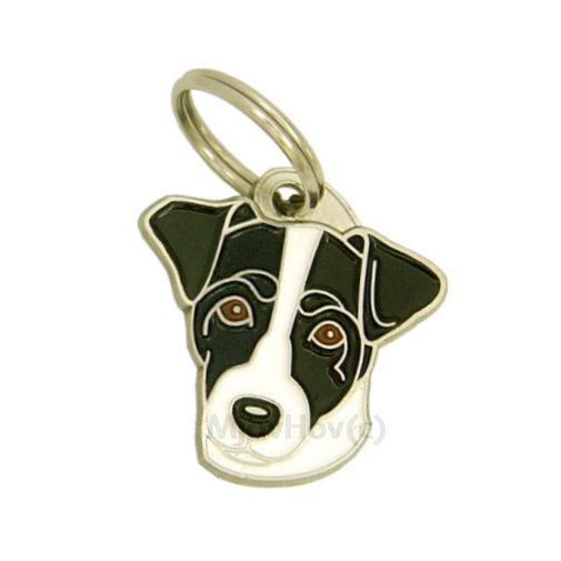 <h3>Custom personalized dog name tag Russell terrier black and white</h3>
This unique, cute and quality dog id tag is offered with laser-engraved name and phone number or your custom text. It comes with a stainless steel split ring for easy attachment to your pet’s collar. All items are also available as keychains.
A perfect gift for dogs and dog lovers.

<strong>Color:</strong> colored/silver
<strong>Size:</strong> 28 x 29 mm (1.10 x 1.14 inch)
<strong>Engraving area:</strong> 17 x 12 mm (0.67 x 0.47 inch); recommended layout up to 4 lines, 15 characters per line.

Laser engraving on the back side is included in the price. Please enter the text you would like engraved (recommended: dog’s name and phone number). The engraving will be centered and easy to read. 
<strong>Important:</strong> If you exceed the recommended text length, the engraving will be significantly smaller and may become difficult to read. For best readability, we strongly recommend keeping the text short and clear.

Metal, chrome plated dog tag or key ring. 
Hand made, hand colored, made in Slovenia. 

In stock.

<h3>About the breed – Russell terrier black and white</h3>
<section>
<h2>Russell Terrier (Jack Russell Terrier): Characteristics & Care</h2>
<p>The <strong>Russell Terrier</strong> (Jack Russell Terrier) is a small, energetic, and extremely persistent dog breed originating from England. It belongs to the <strong>FCI Group 3 (Terriers)</strong>. Originally bred as a <strong>hunting dog</strong>, it is known for its speed, courage, and unstoppable desire to explore.</p>
<h3>Temperament and Family Life</h3>
<p>Russell Terriers are lively, intelligent, and strongly attached to their owners, making them excellent family dogs that get along well with children. They are <strong>alert and attentive</strong>, which makes them good little watchdogs while remaining playful and friendly. Their strong personality and curiosity require consistent training and sufficient mental stimulation.</p>
<h3>Physical Requirements & Exercise</h3>
<p>To live a healthy and happy life, a Russell Terrier needs:</p>
<ul>
    <li><strong>Daily Exercise:</strong> Plenty of activity, play, and running.</li>
    <li><strong>Environment:</strong> An active household with opportunities to explore.</li>
    <li><strong>Grooming:</strong> Easy maintenance of the short or rough <strong>double coat</strong>.</li>
</ul>
<p><strong>Pro Tip:</strong> A <strong>personalized engraved dog tag</strong> highlights the lively character of your Russell Terrier while serving as a stylish and practical accessory.</p>
</section>
