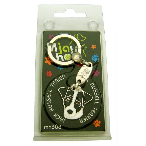 <h3>Custom personalized dog name tag Russell terrier black and white</h3>
This unique, cute and quality dog id tag is offered with laser-engraved name and phone number or your custom text. It comes with a stainless steel split ring for easy attachment to your pet’s collar. All items are also available as keychains.
A perfect gift for dogs and dog lovers.

<strong>Color:</strong> colored/silver
<strong>Size:</strong> 28 x 29 mm (1.10 x 1.14 inch)
<strong>Engraving area:</strong> 17 x 12 mm (0.67 x 0.47 inch); recommended layout up to 4 lines, 15 characters per line.

Laser engraving on the back side is included in the price. Please enter the text you would like engraved (recommended: dog’s name and phone number). The engraving will be centered and easy to read. 
<strong>Important:</strong> If you exceed the recommended text length, the engraving will be significantly smaller and may become difficult to read. For best readability, we strongly recommend keeping the text short and clear.

Metal, chrome plated dog tag or key ring. 
Hand made, hand colored, made in Slovenia. 

In stock.

<h3>About the breed – Russell terrier black and white</h3>
<section>
<h2>Russell Terrier (Jack Russell Terrier): Characteristics & Care</h2>
<p>The <strong>Russell Terrier</strong> (Jack Russell Terrier) is a small, energetic, and extremely persistent dog breed originating from England. It belongs to the <strong>FCI Group 3 (Terriers)</strong>. Originally bred as a <strong>hunting dog</strong>, it is known for its speed, courage, and unstoppable desire to explore.</p>
<h3>Temperament and Family Life</h3>
<p>Russell Terriers are lively, intelligent, and strongly attached to their owners, making them excellent family dogs that get along well with children. They are <strong>alert and attentive</strong>, which makes them good little watchdogs while remaining playful and friendly. Their strong personality and curiosity require consistent training and sufficient mental stimulation.</p>
<h3>Physical Requirements & Exercise</h3>
<p>To live a healthy and happy life, a Russell Terrier needs:</p>
<ul>
    <li><strong>Daily Exercise:</strong> Plenty of activity, play, and running.</li>
    <li><strong>Environment:</strong> An active household with opportunities to explore.</li>
    <li><strong>Grooming:</strong> Easy maintenance of the short or rough <strong>double coat</strong>.</li>
</ul>
<p><strong>Pro Tip:</strong> A <strong>personalized engraved dog tag</strong> highlights the lively character of your Russell Terrier while serving as a stylish and practical accessory.</p>
</section>
